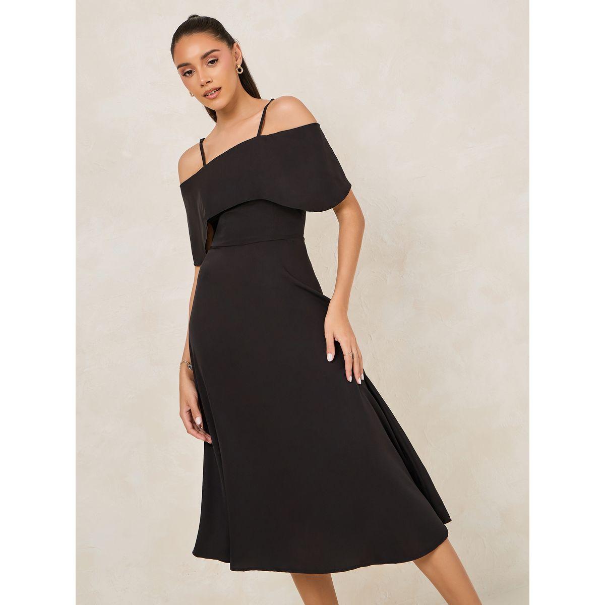 Styli Solid Cold Shoulder Sleeves Flare A-Line Midi Dress-women-clothing-dresses-image-2