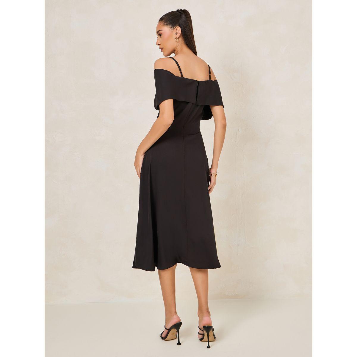 Styli Solid Cold Shoulder Sleeves Flare A-Line Midi Dress-women-clothing-dresses-image-4