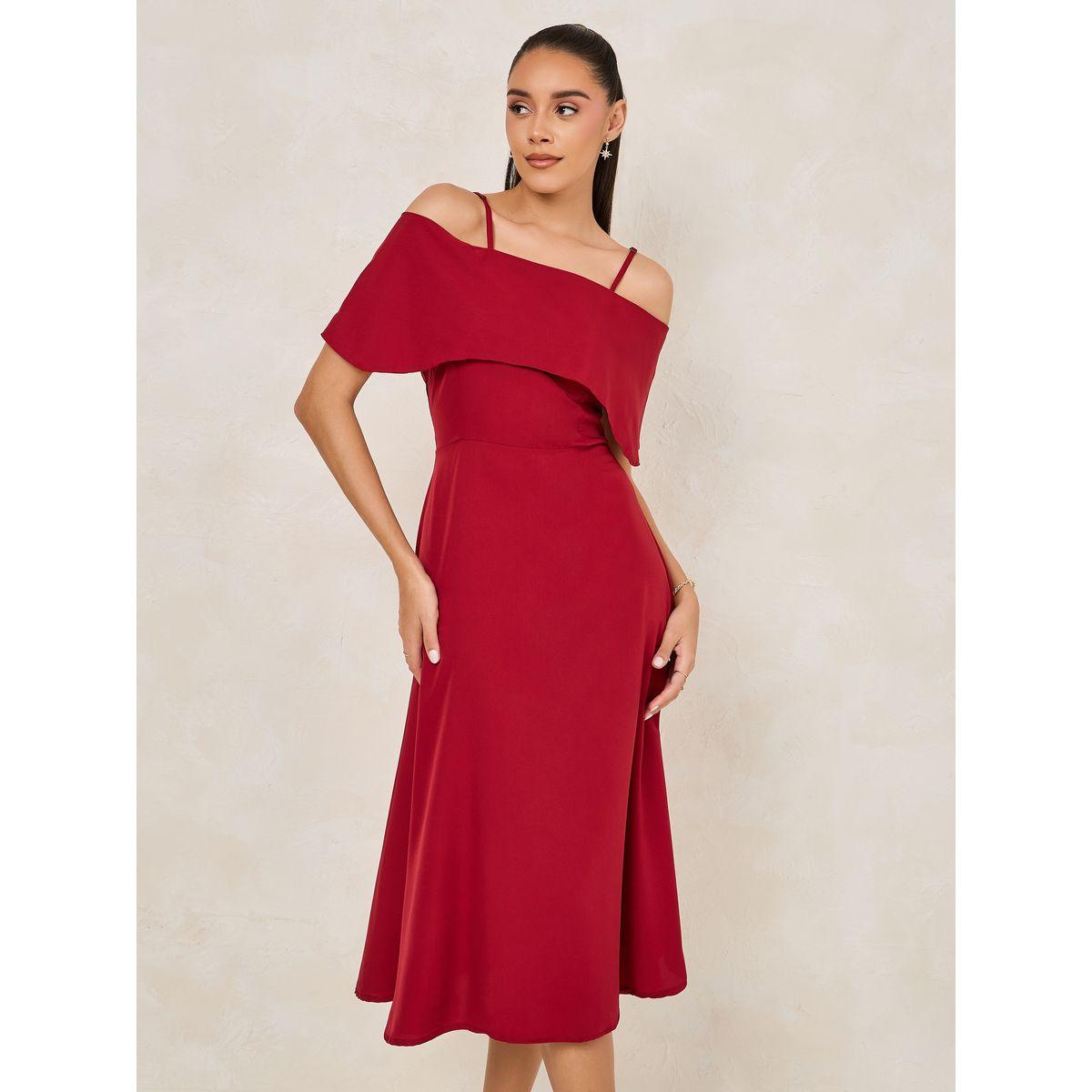 Styli Solid Cold Shoulder Sleeves Flare A-Line Midi Dress-women-clothing-dresses-image-1