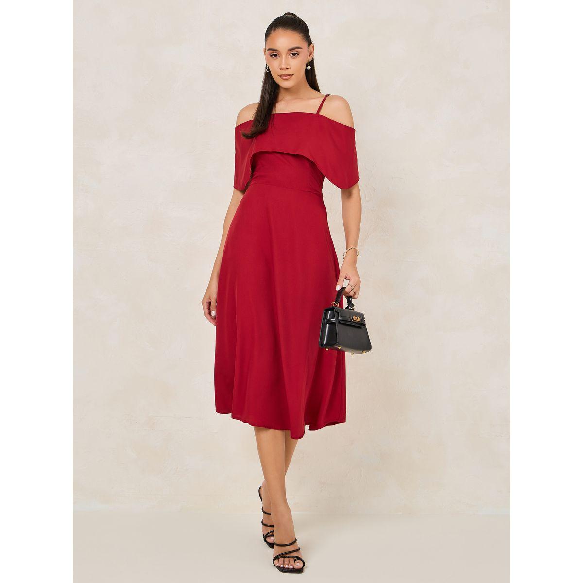 فستان ميدي سادة باكتاف مكشوفة-women-clothing-dresses-image-2