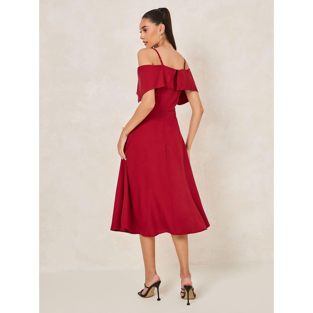 Styli Solid Cold Shoulder Sleeves Flare A-Line Midi Dress-women-clothing-dresses-image-4