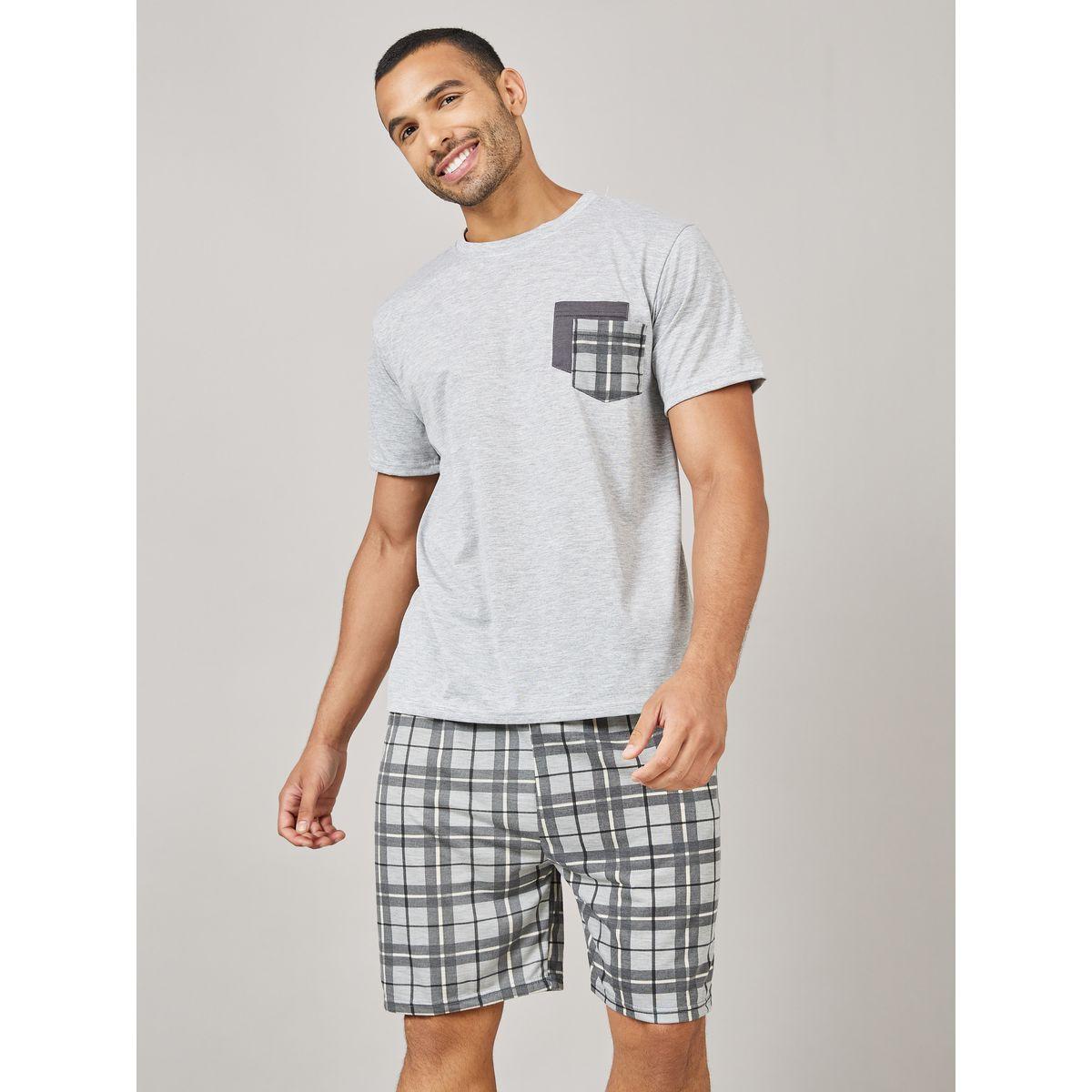 Styli Unwind Checkered Pocket Crew Neck T-Shirt and Shorts Set-men-clothing-nightwear-sets-image-2