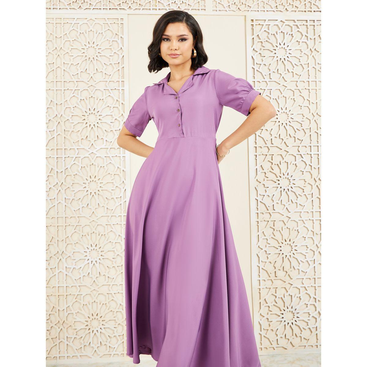 Styli Solid Cuban Collar A-Line Shirt Maxi Dress-women-clothing-dresses-image-2