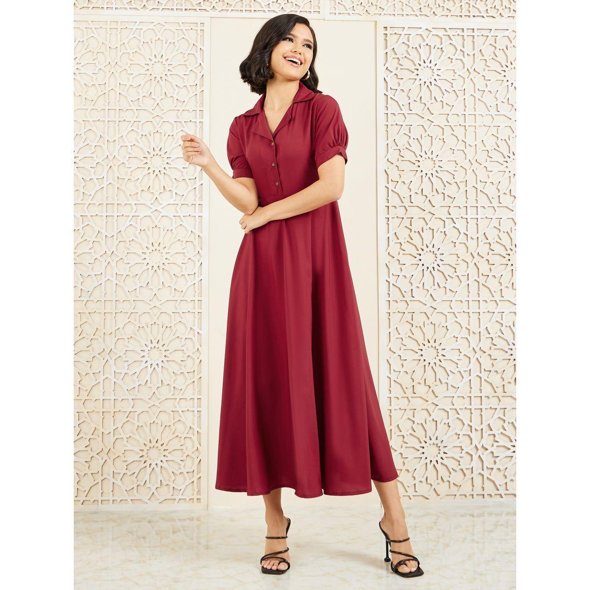 Styli Solid Cuban Collar A-Line Shirt Maxi Dress-women-clothing-dresses-image-1