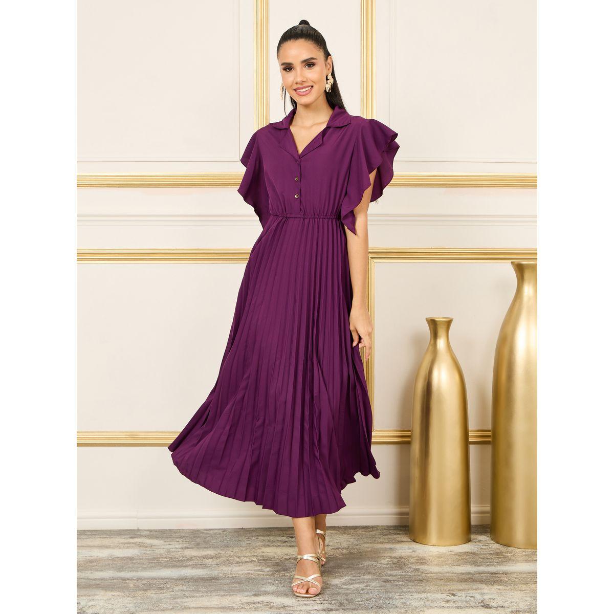 فستان ماكسي من نوع أكورديون مطوي بفتحة برقبة على شكل حرف A-women-clothing-dresses-image-1