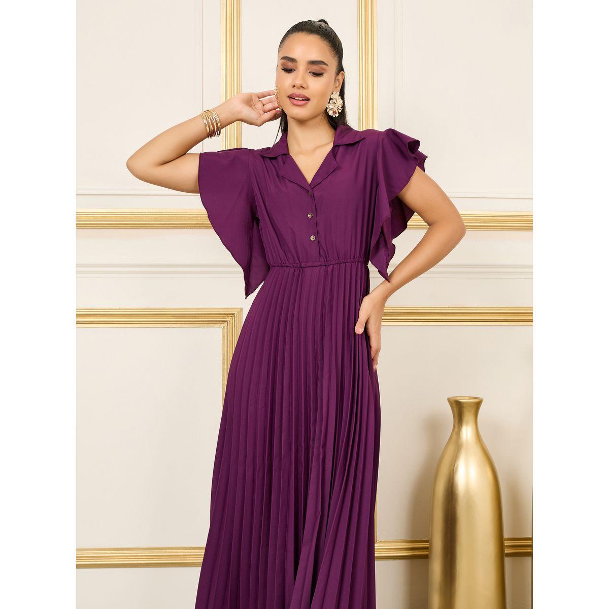 فستان ماكسي من نوع أكورديون مطوي بفتحة برقبة على شكل حرف A-women-clothing-dresses-image-2