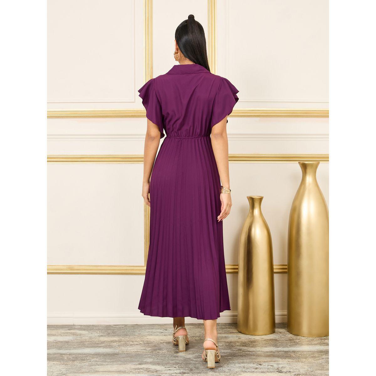 فستان ماكسي من نوع أكورديون مطوي بفتحة برقبة على شكل حرف A-women-clothing-dresses-image-4
