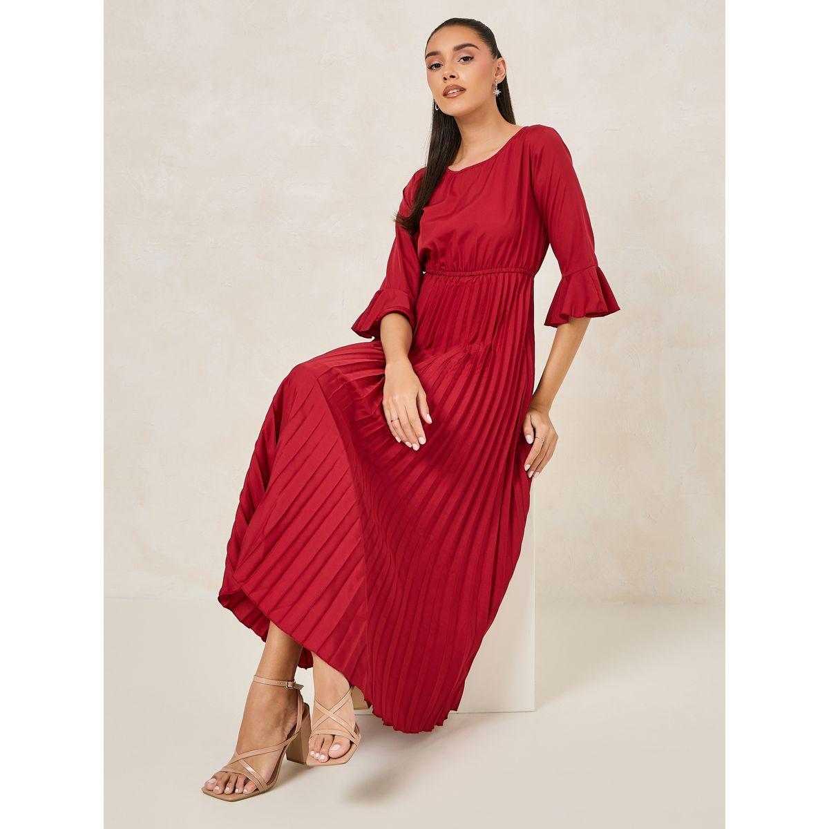 فستان ميدي بكسرات واكمام بنمط جرس-women-clothing-dresses-image-1