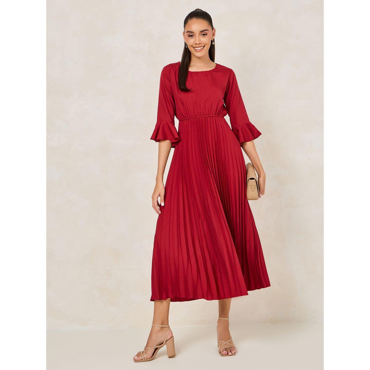فستان ميدي بكسرات واكمام بنمط جرس-women-clothing-dresses-image-2