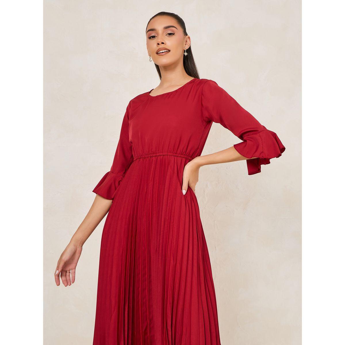 فستان ميدي بكسرات واكمام بنمط جرس-women-clothing-dresses-image-3