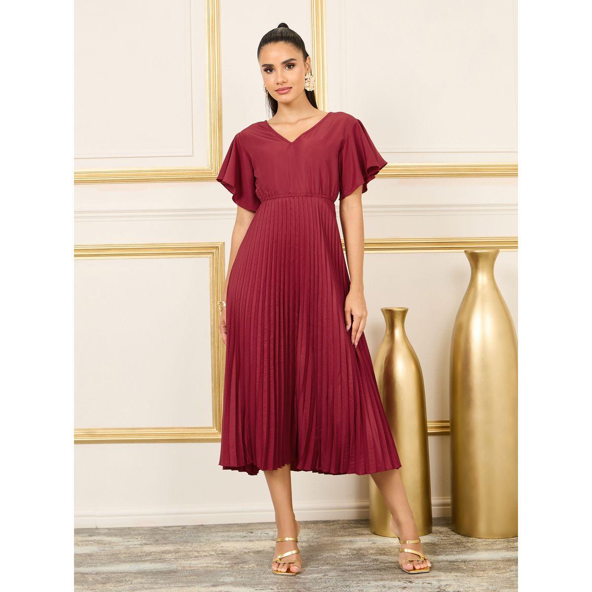فستان ميدي بكسرات واكمام آنجل-women-clothing-dresses-image-1