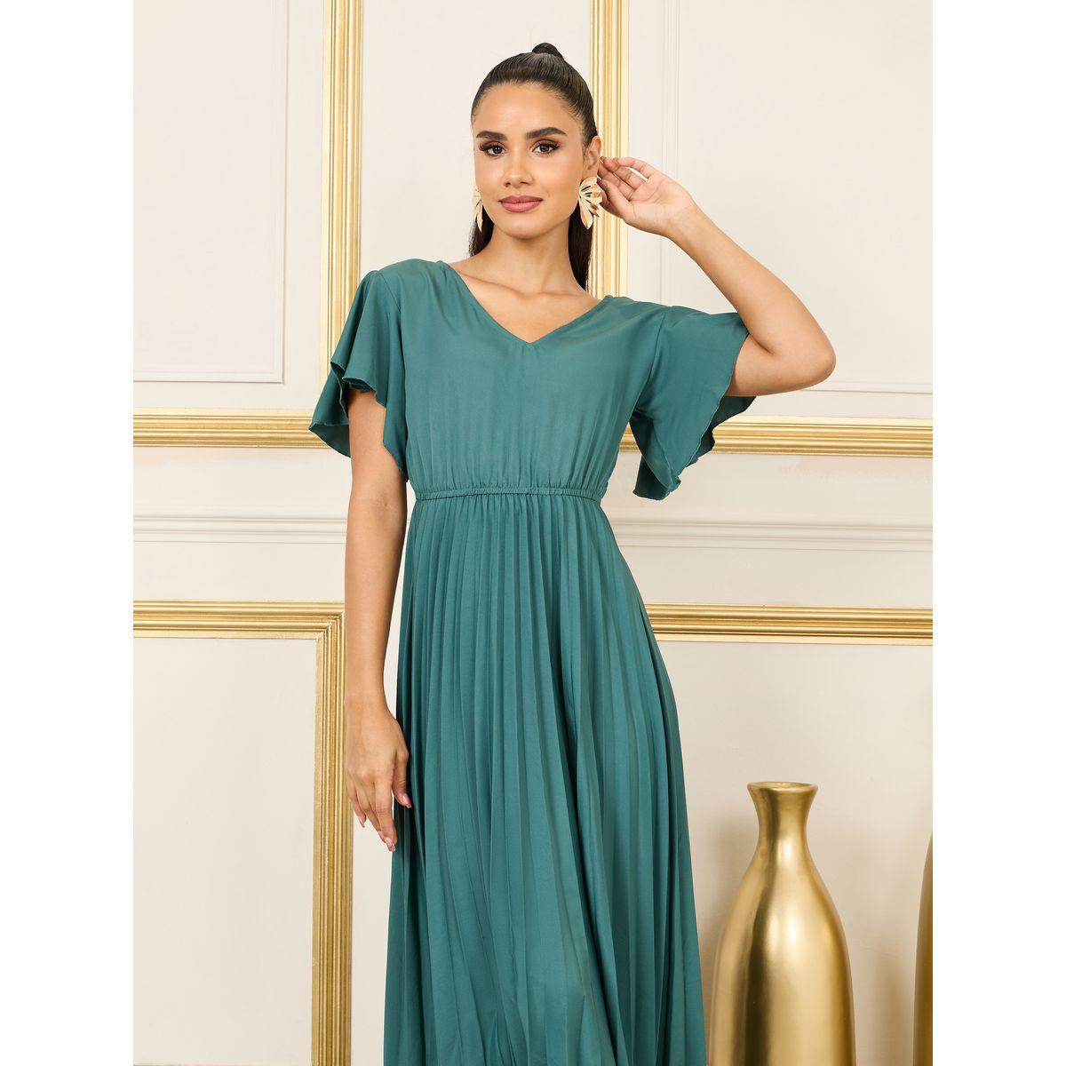 Styli Accordion Pleated Angel Sleeves A-line Midi Dress-women-clothing-dresses-image-2