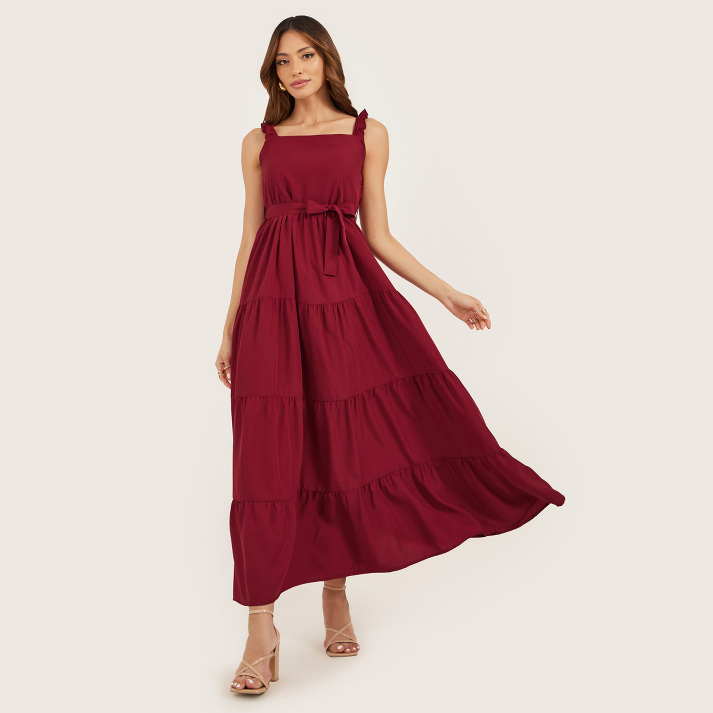ستايلي - فستان ماكسي طبقات سادة بدون أكمام وقصّة A-women-clothing-dresses-image-1