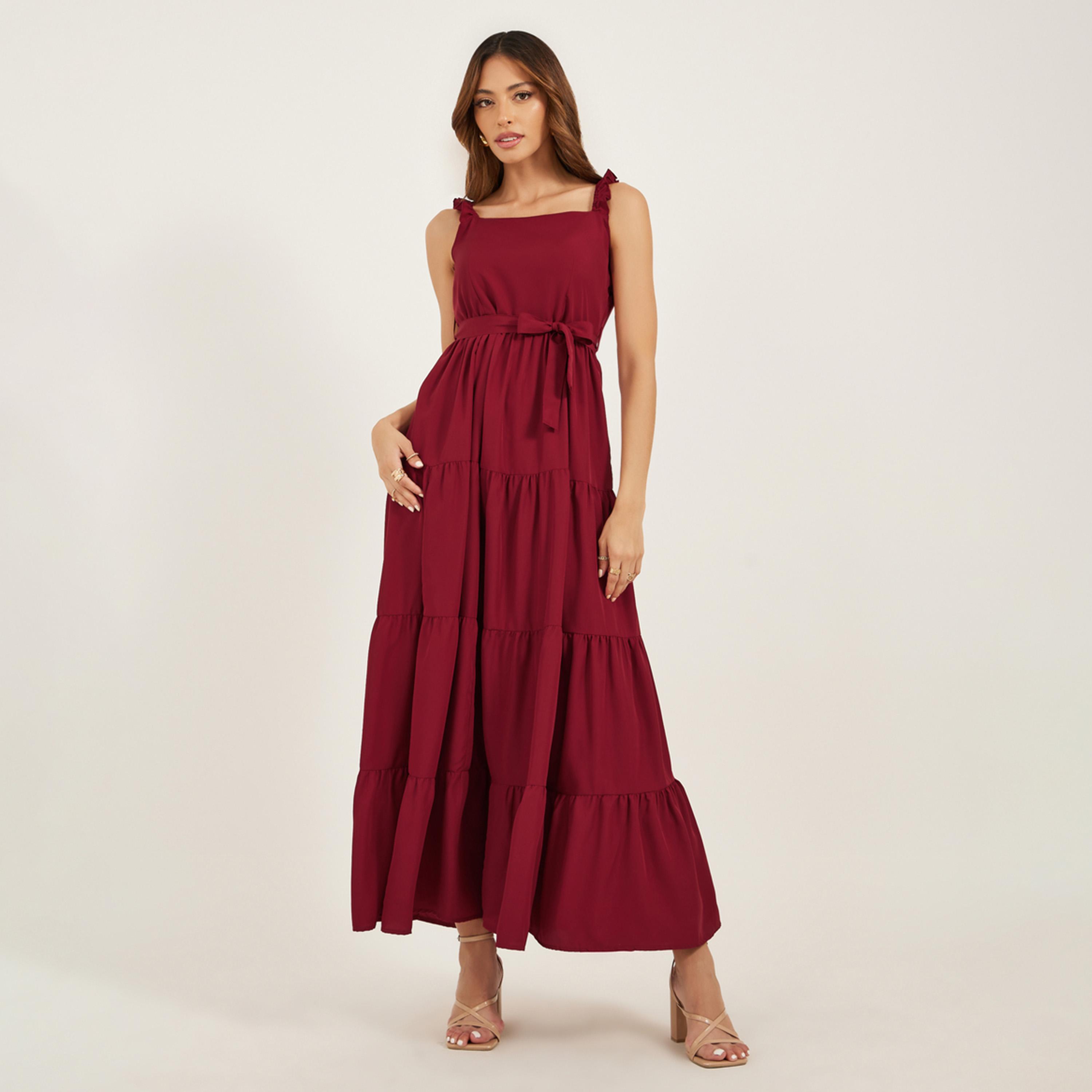 Styli Solid Sleeveless Tiered A-Line Maxi Dress-women-clothing-dresses-image-2