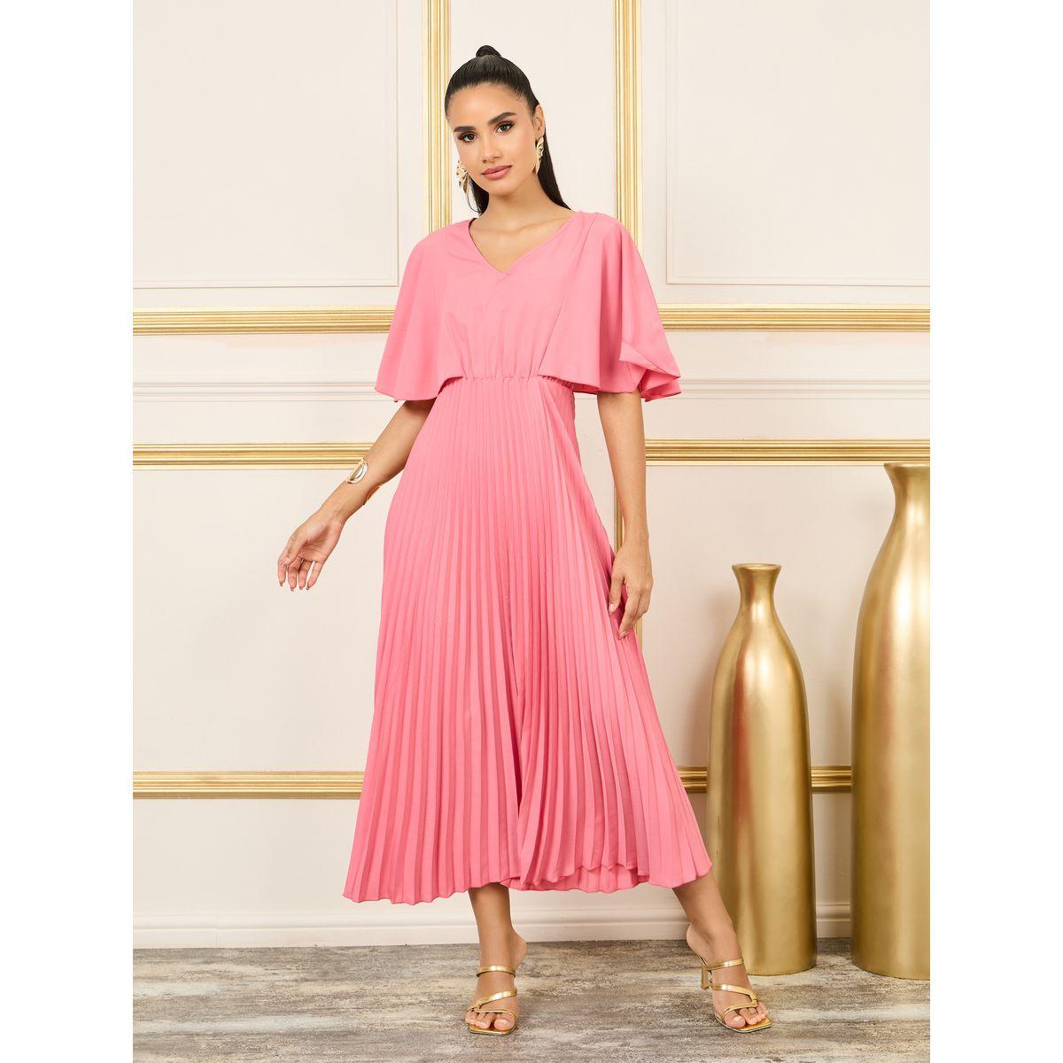 Styli Solid Angel Sleeves Pleated A-line Maxi Dress-women-clothing-dresses-image-1