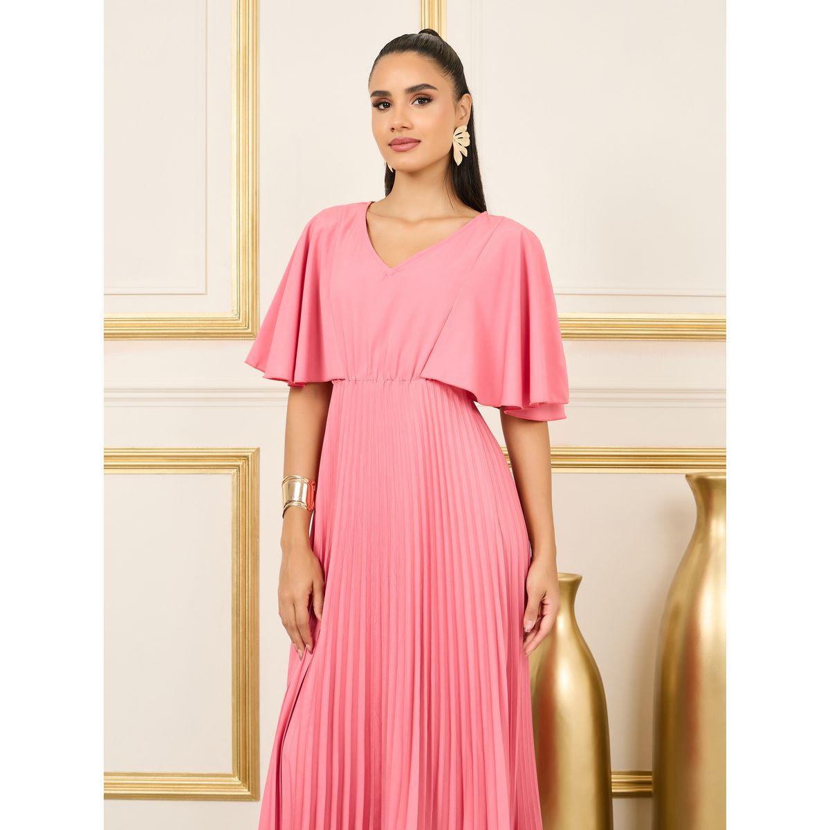 Styli Solid Angel Sleeves Pleated A-line Maxi Dress-women-clothing-dresses-image-2