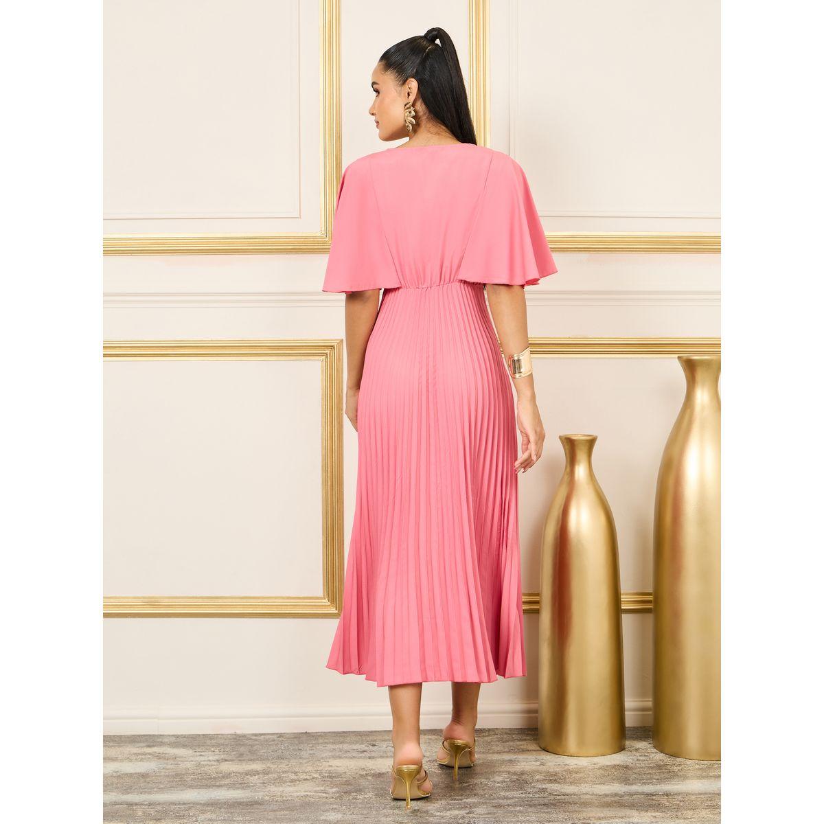 Styli Solid Angel Sleeves Pleated A-line Maxi Dress-women-clothing-dresses-image-4