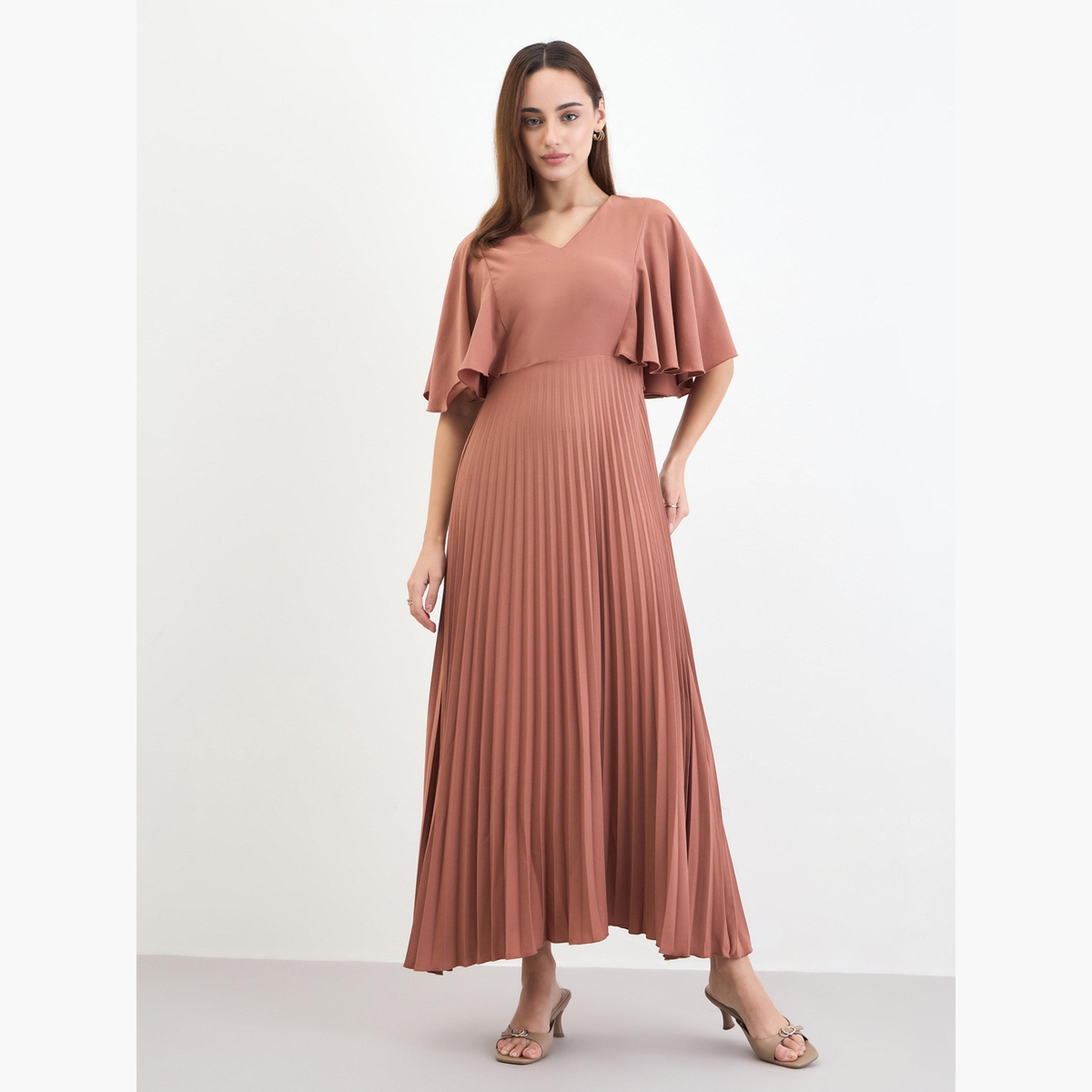 ستايلي - فستان ماكسي ثنيات من الكريب على شكل حرف A بأكمام مكشكشة-women-clothing-dresses-image-1