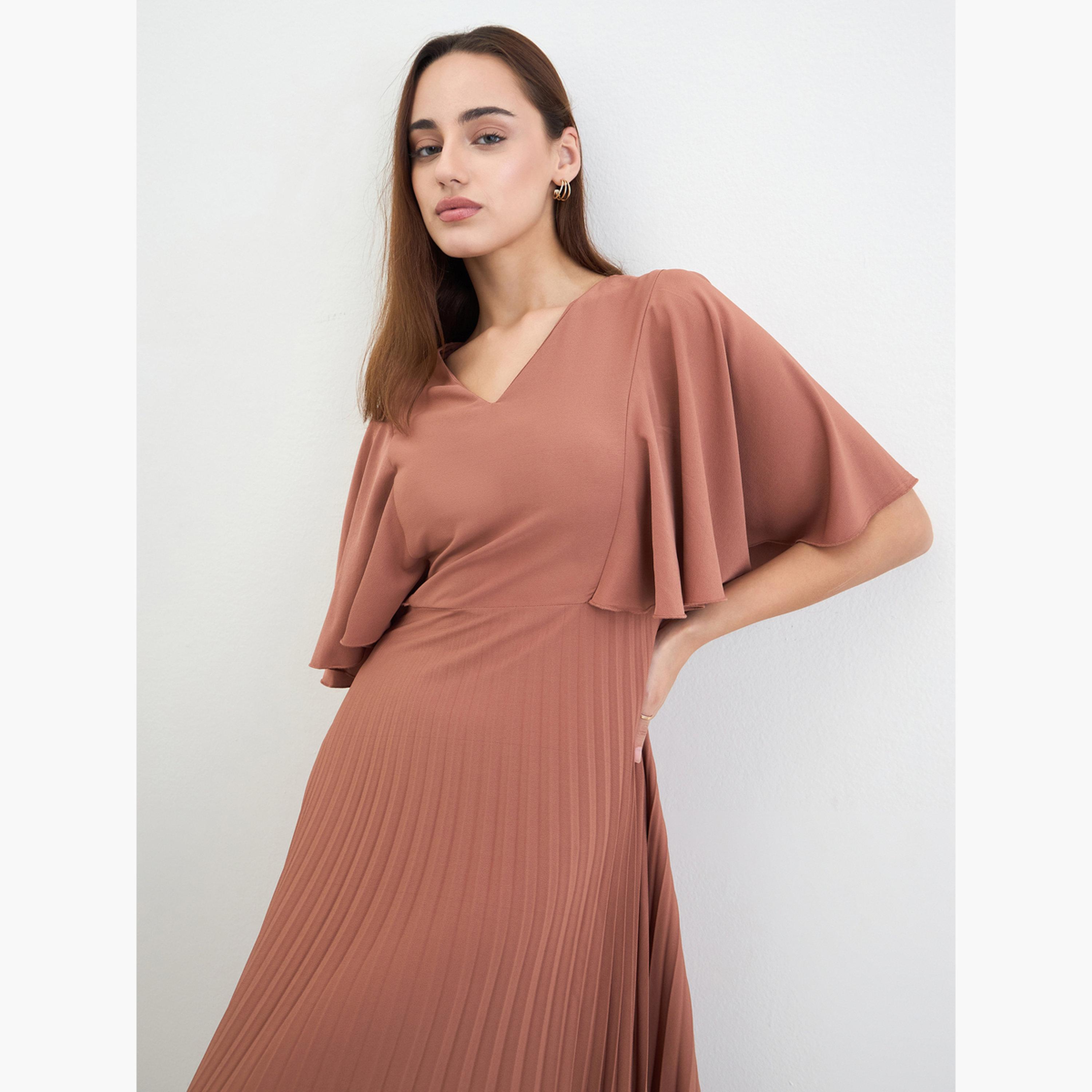 ستايلي - فستان ماكسي ثنيات من الكريب على شكل حرف A بأكمام مكشكشة-women-clothing-dresses-image-2