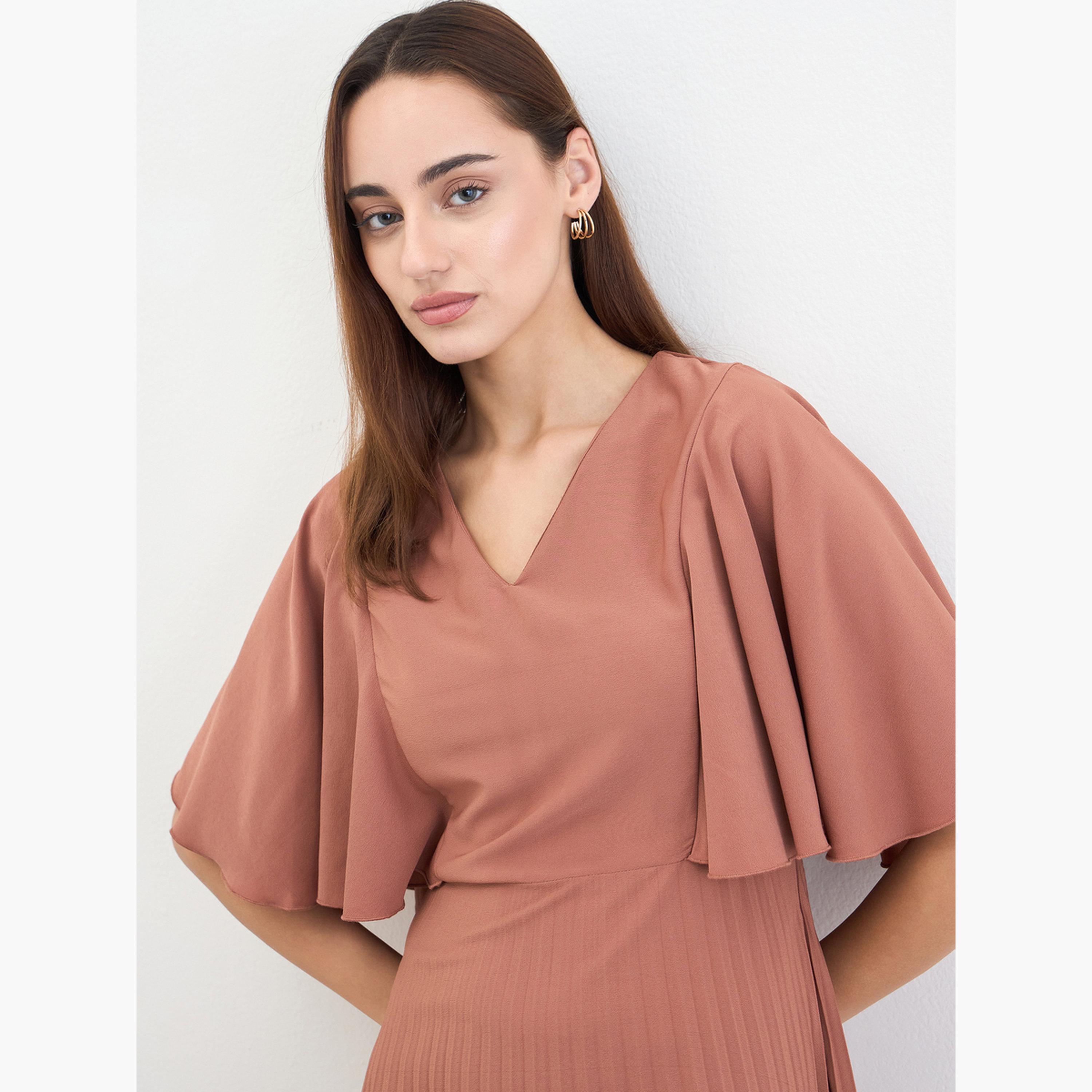 ستايلي - فستان ماكسي ثنيات من الكريب على شكل حرف A بأكمام مكشكشة-women-clothing-dresses-image-3