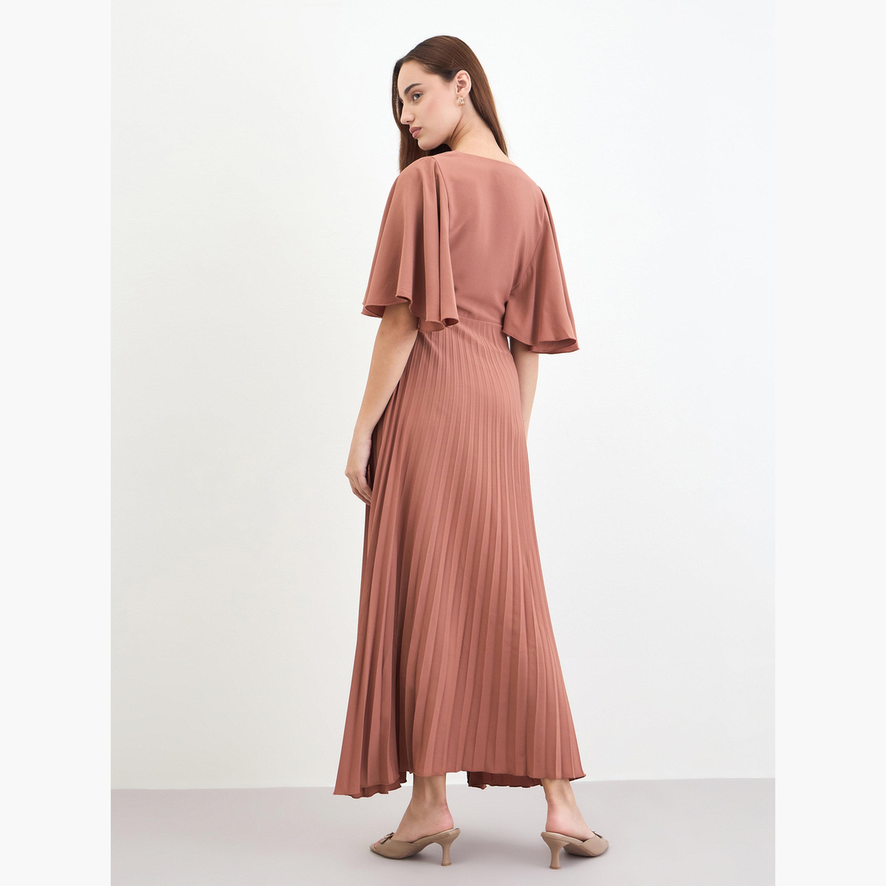 ستايلي - فستان ماكسي ثنيات من الكريب على شكل حرف A بأكمام مكشكشة-women-clothing-dresses-image-4