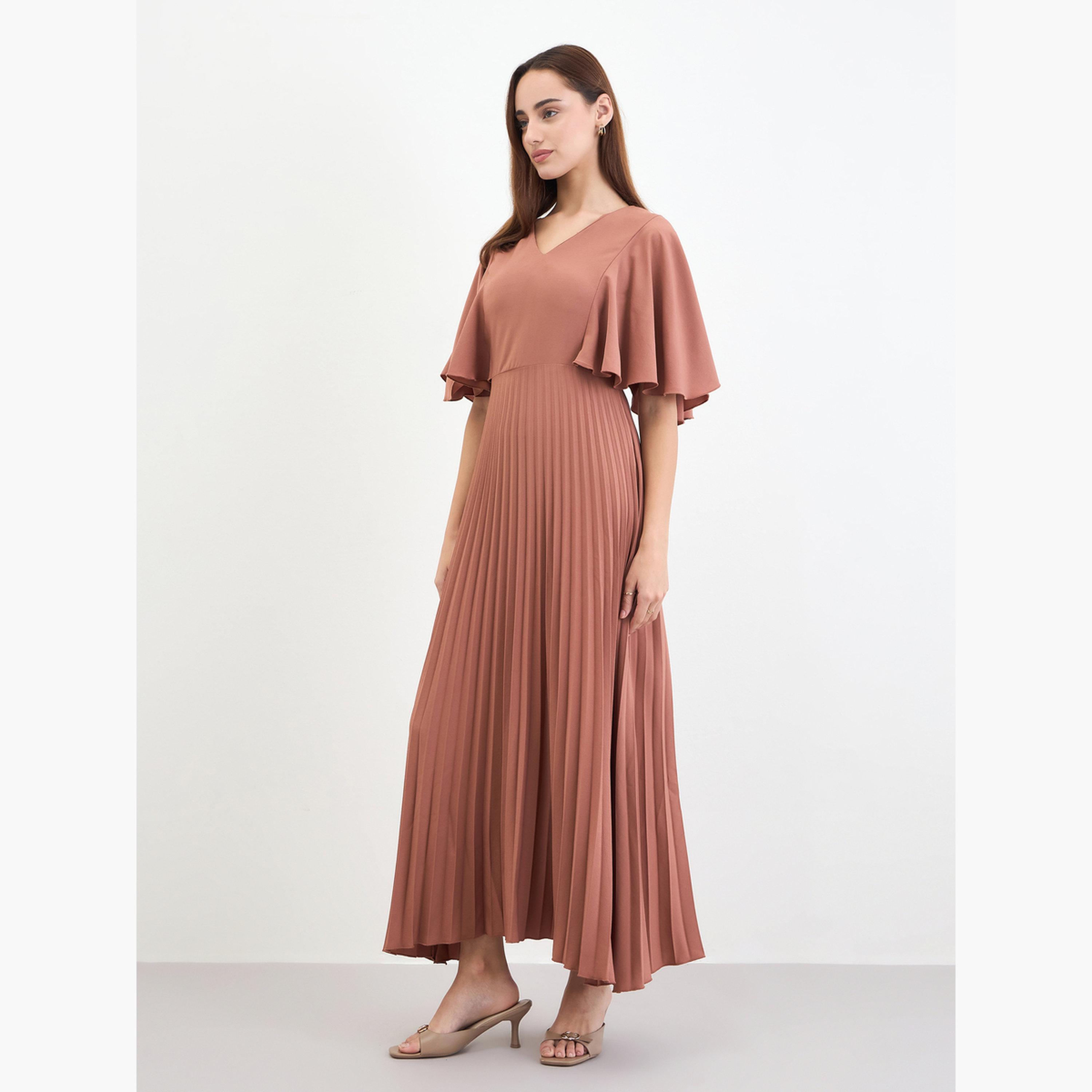 ستايلي - فستان ماكسي ثنيات من الكريب على شكل حرف A بأكمام مكشكشة-women-clothing-dresses-image-5