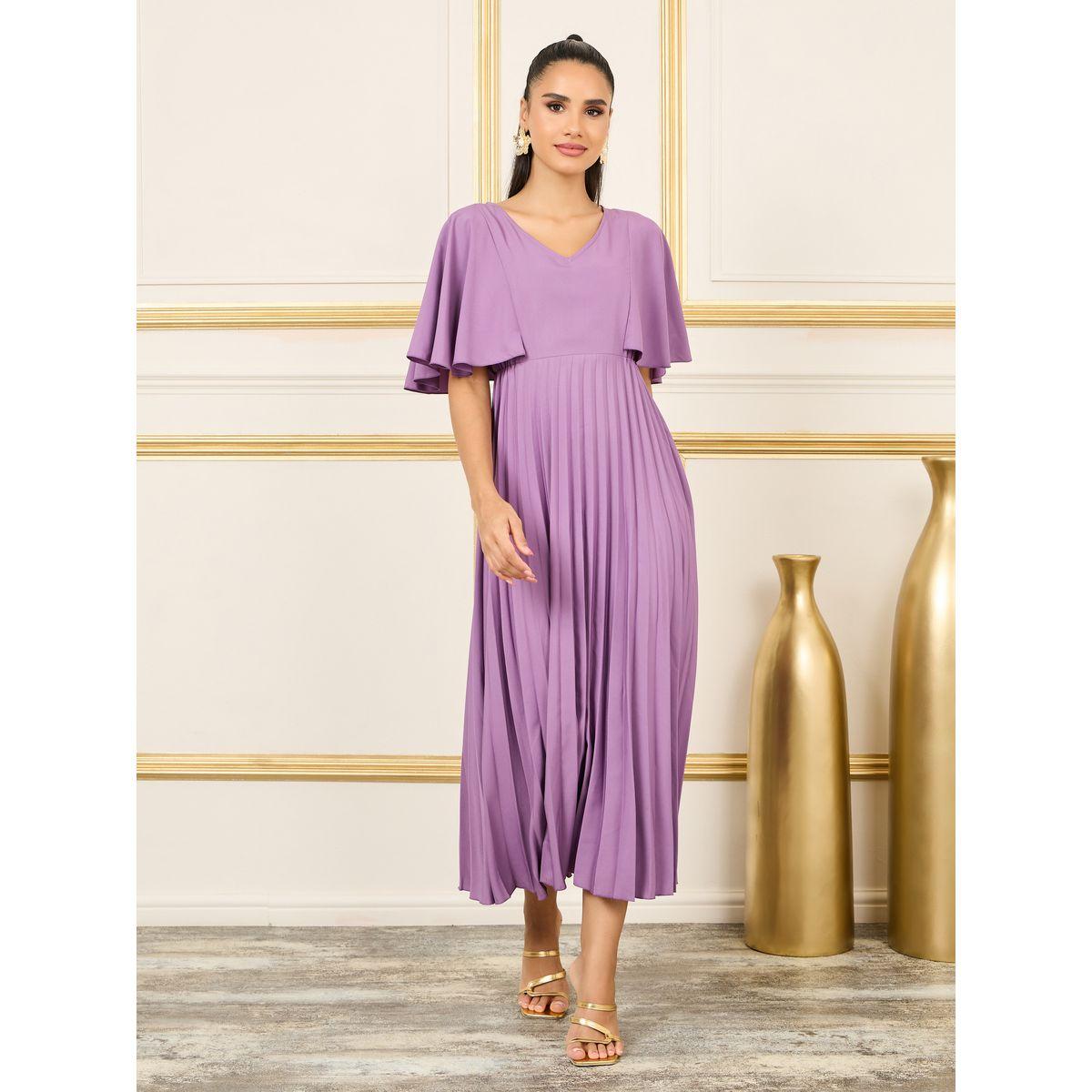 Styli Solid Angel Sleeves Pleated A-line Maxi Dress-women-clothing-dresses-image-1