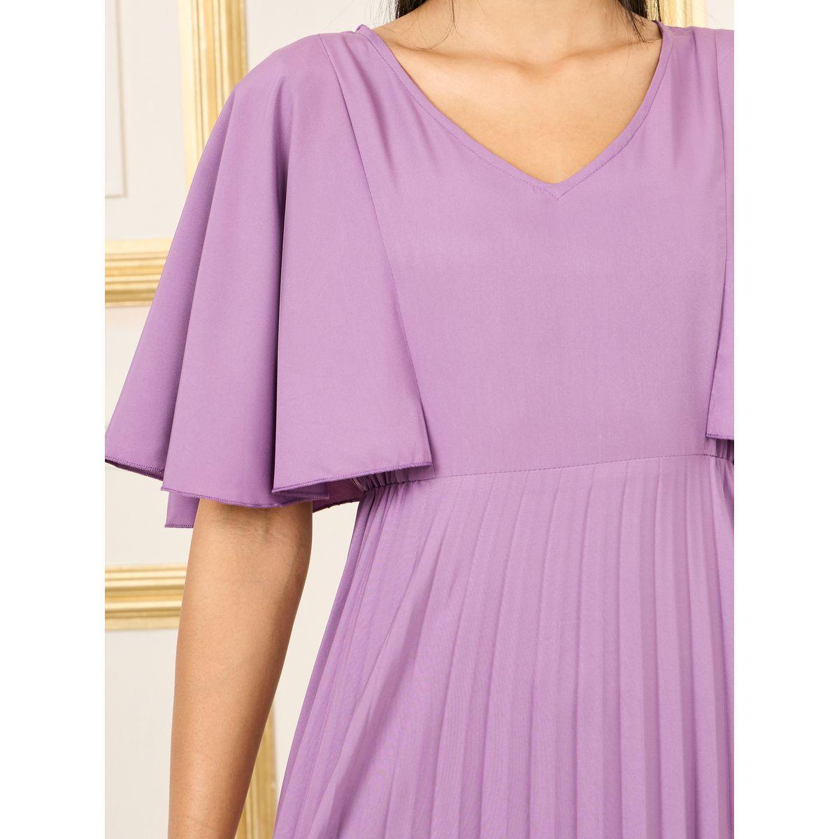 Styli Solid Angel Sleeves Pleated A-line Maxi Dress-women-clothing-dresses-image-3