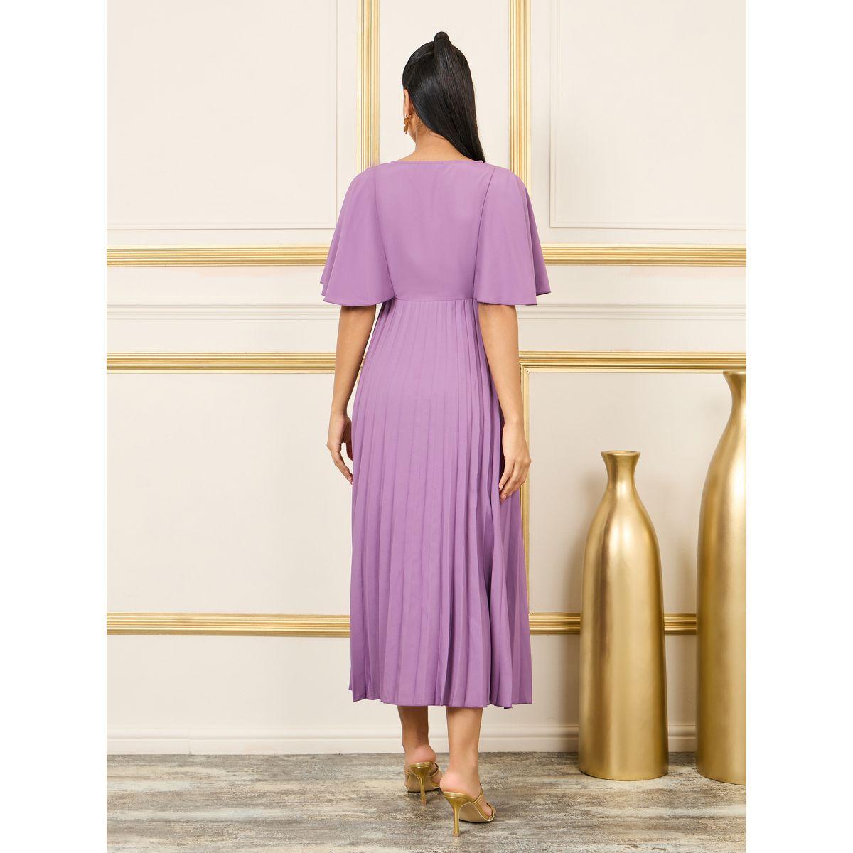 Styli Solid Angel Sleeves Pleated A-line Maxi Dress-women-clothing-dresses-image-4