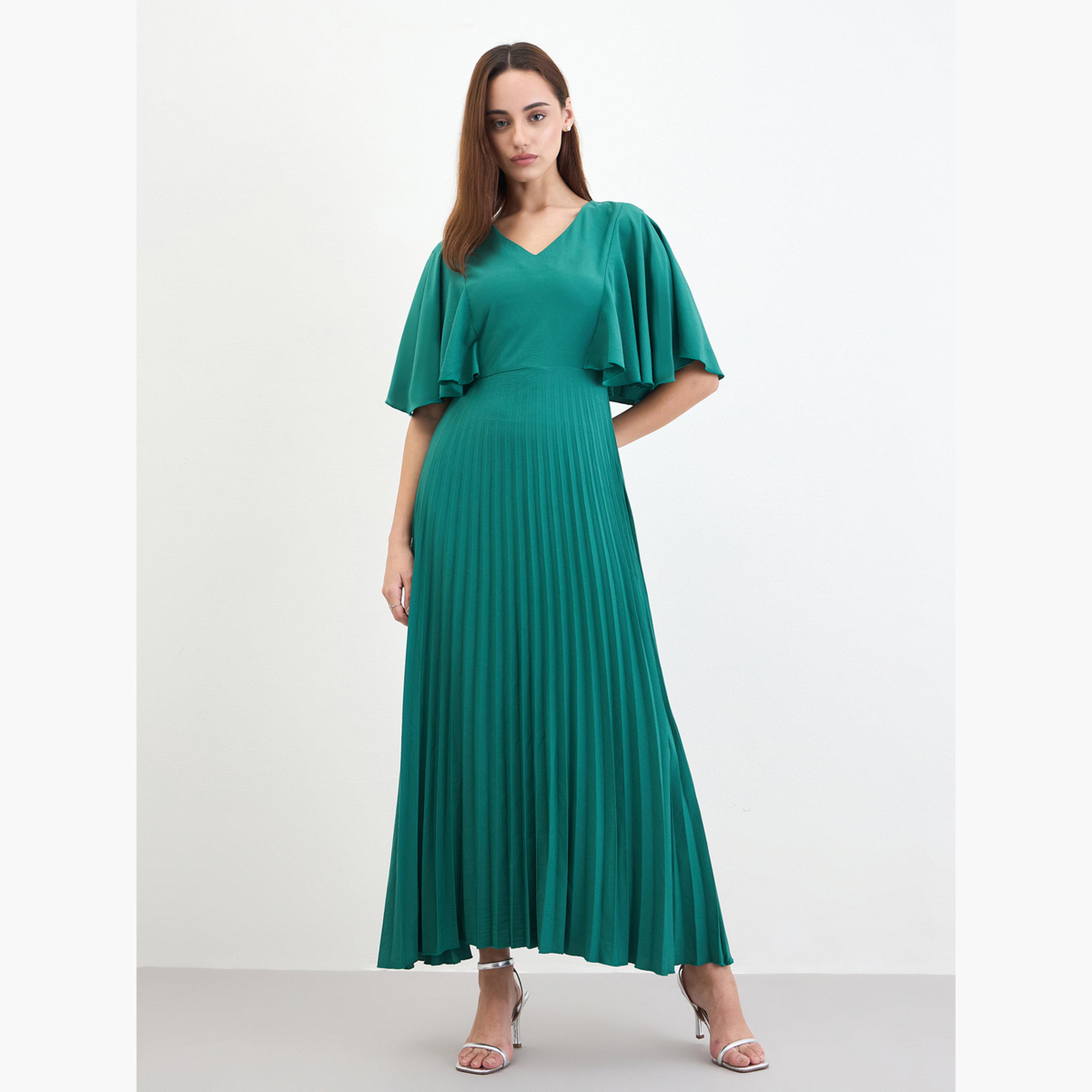 ستايلي - فستان ماكسي ثنيات من الكريب على شكل حرف A بأكمام مكشكشة-women-clothing-dresses-image-1