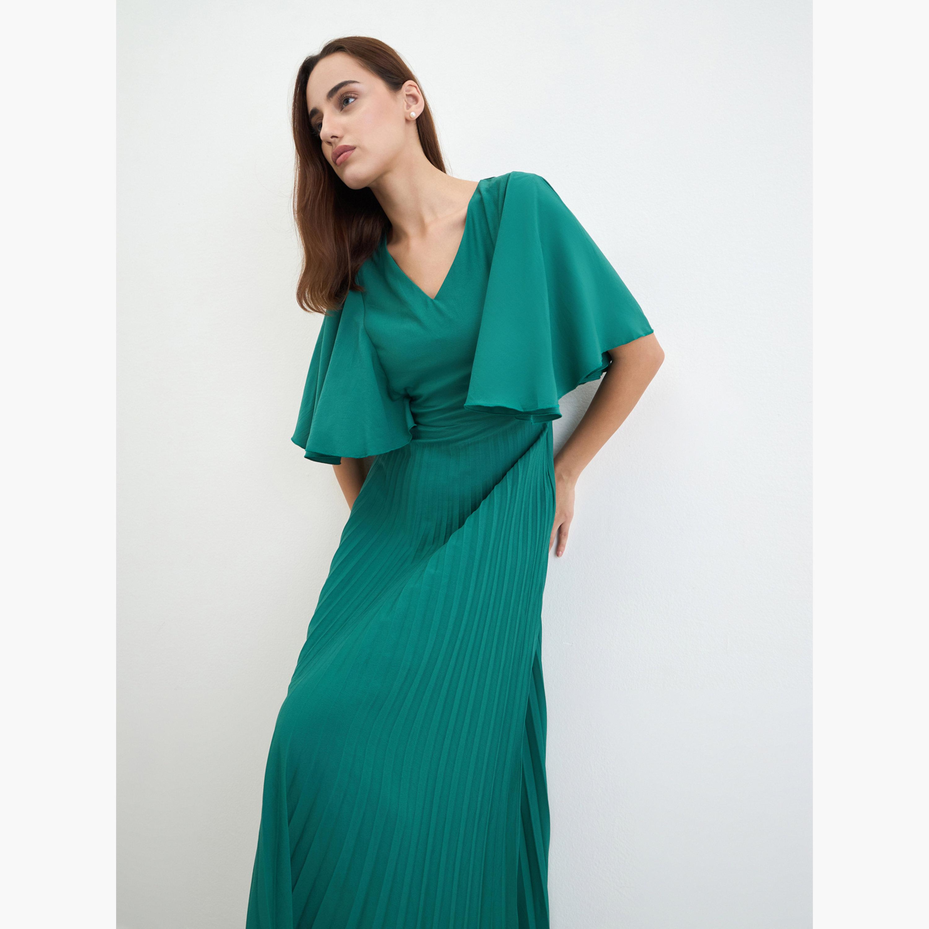 ستايلي - فستان ماكسي ثنيات من الكريب على شكل حرف A بأكمام مكشكشة-women-clothing-dresses-image-2