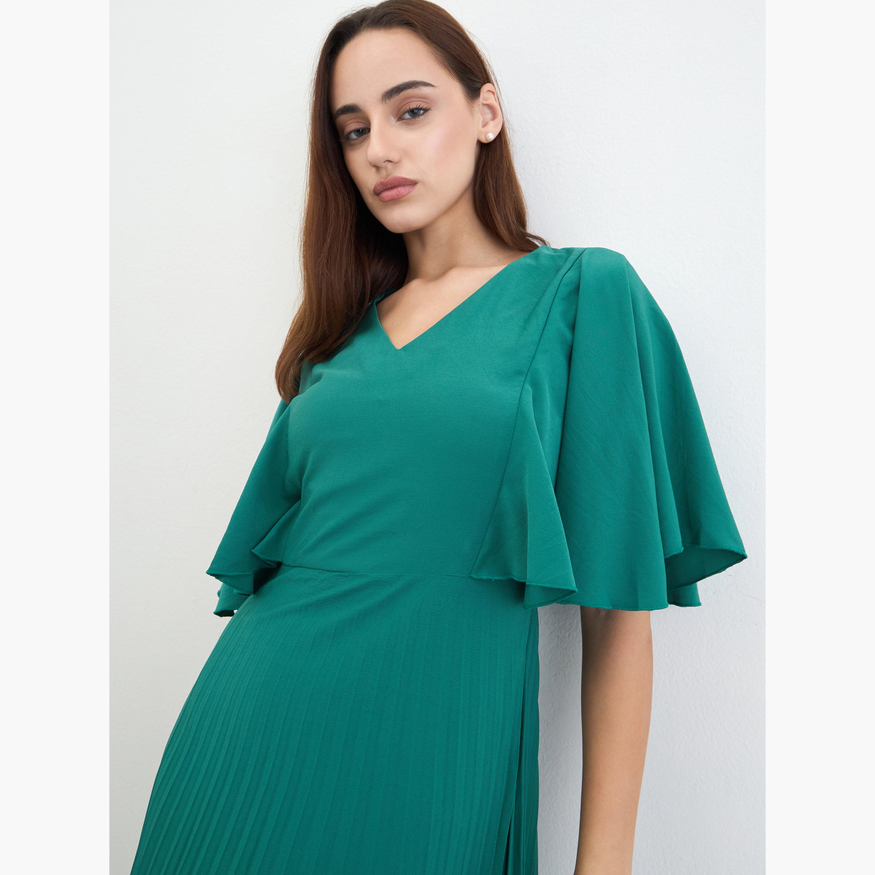 ستايلي - فستان ماكسي ثنيات من الكريب على شكل حرف A بأكمام مكشكشة-women-clothing-dresses-image-3