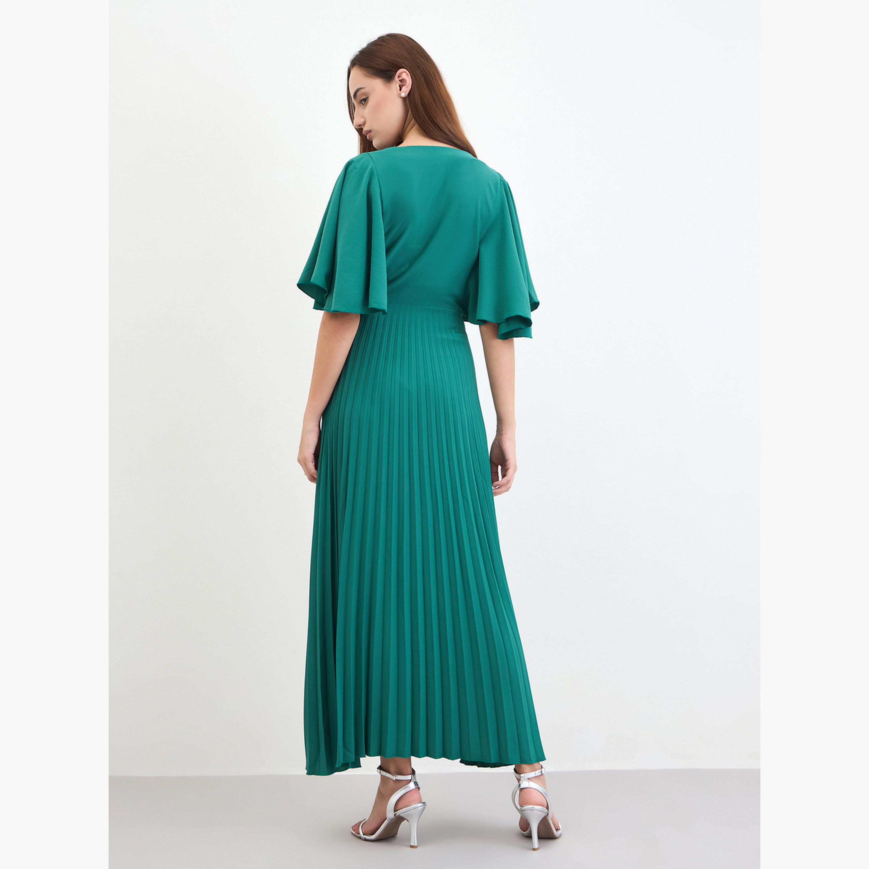 ستايلي - فستان ماكسي ثنيات من الكريب على شكل حرف A بأكمام مكشكشة-women-clothing-dresses-image-4