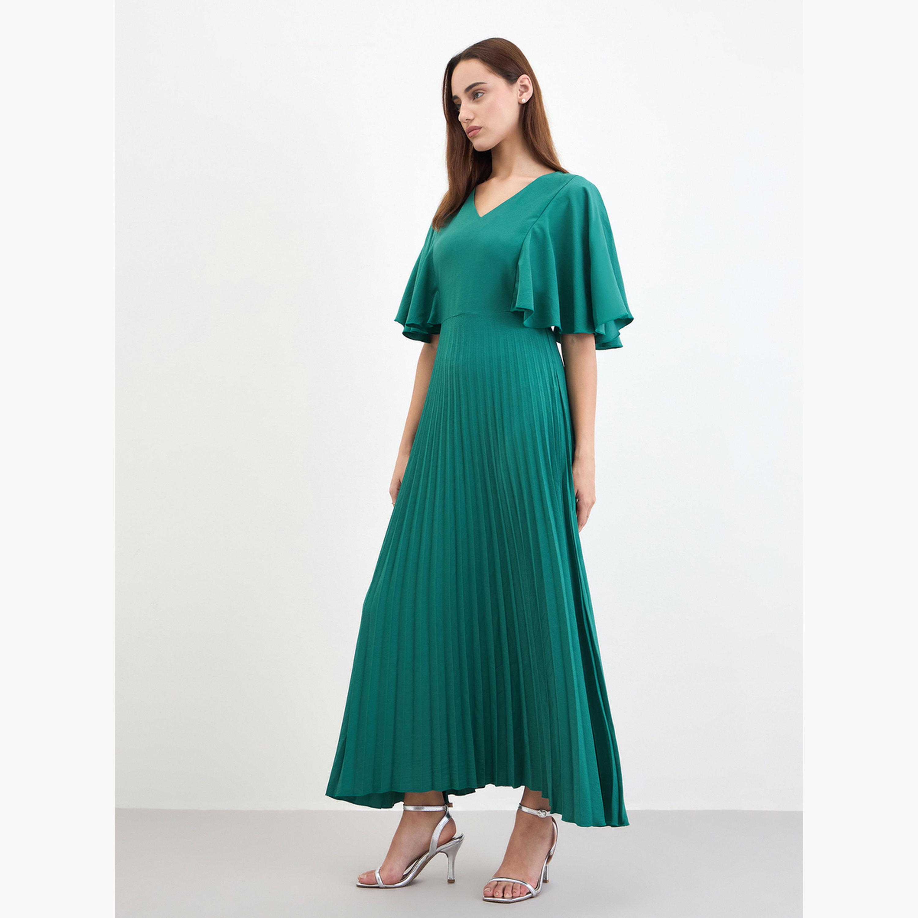ستايلي - فستان ماكسي ثنيات من الكريب على شكل حرف A بأكمام مكشكشة-women-clothing-dresses-image-5