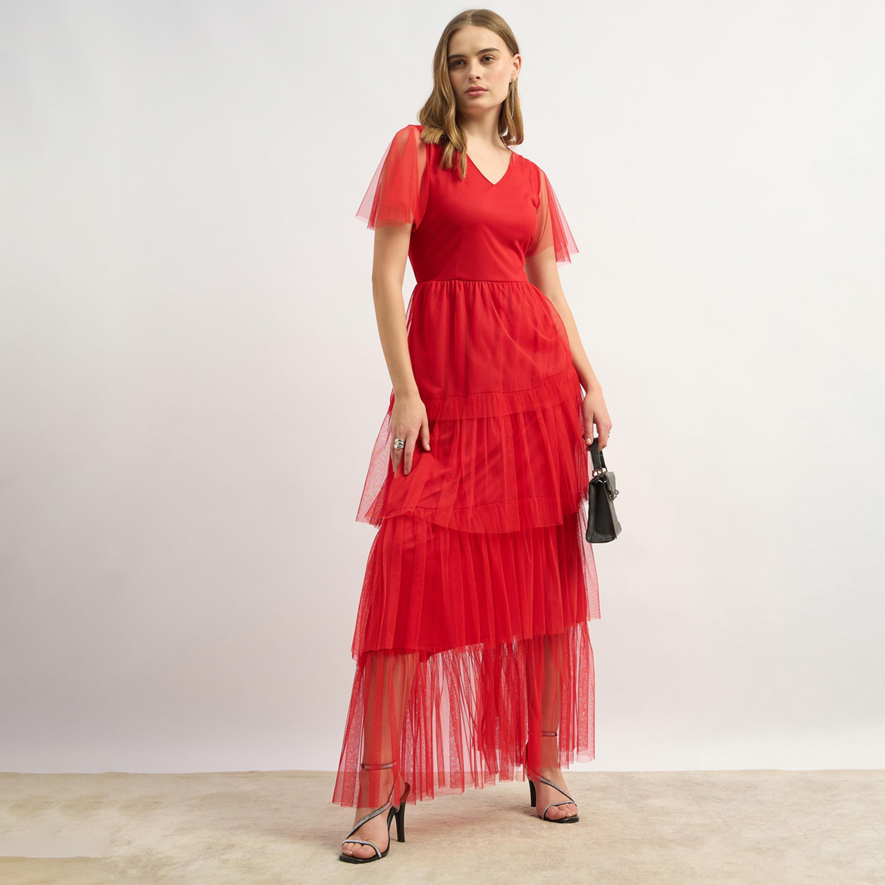 Styli Solid Layered Net Half Sleeves Tiered Maxi Dress-women-clothing-dresses-image-1