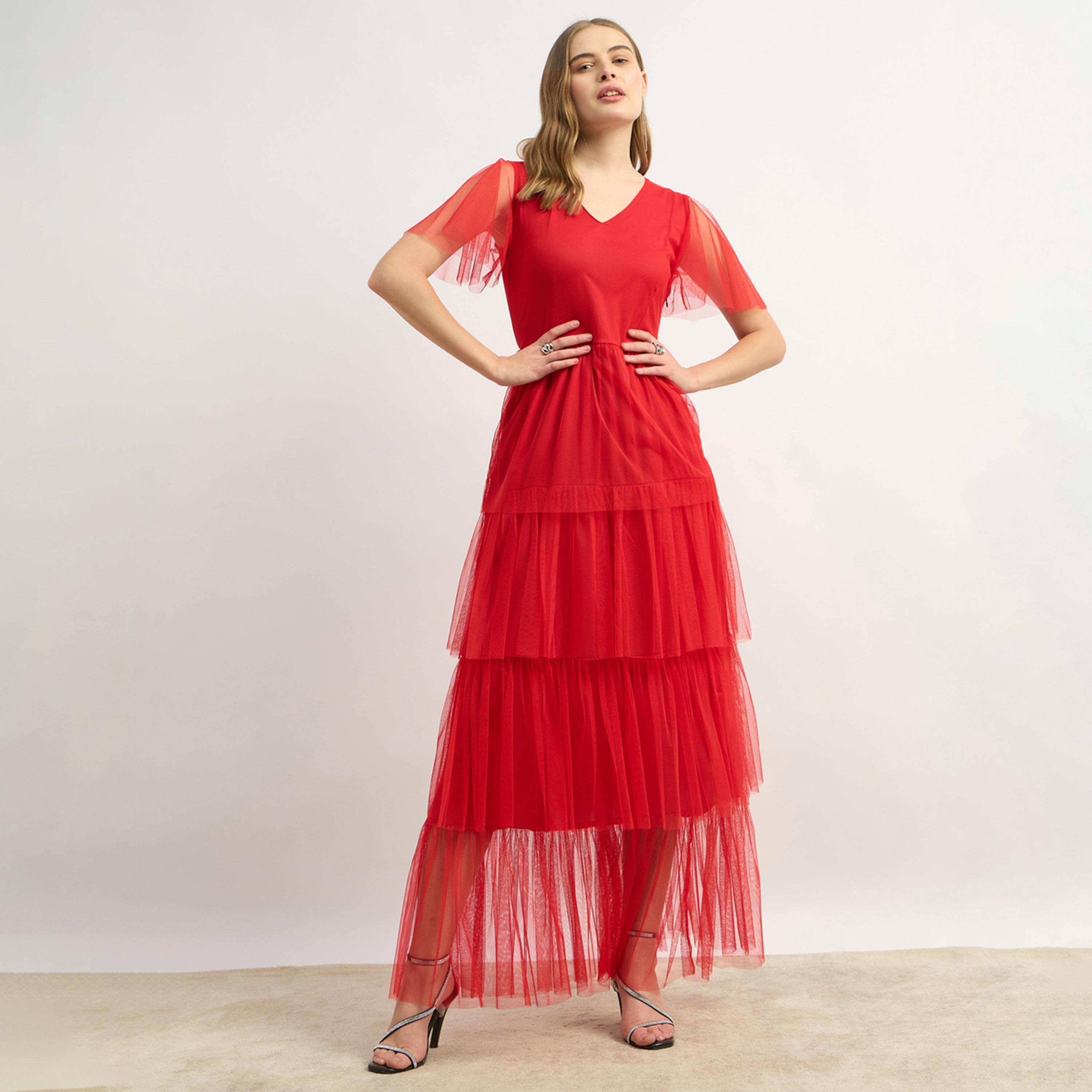 Styli Solid Layered Net Half Sleeves Tiered Maxi Dress-women-clothing-dresses-image-2
