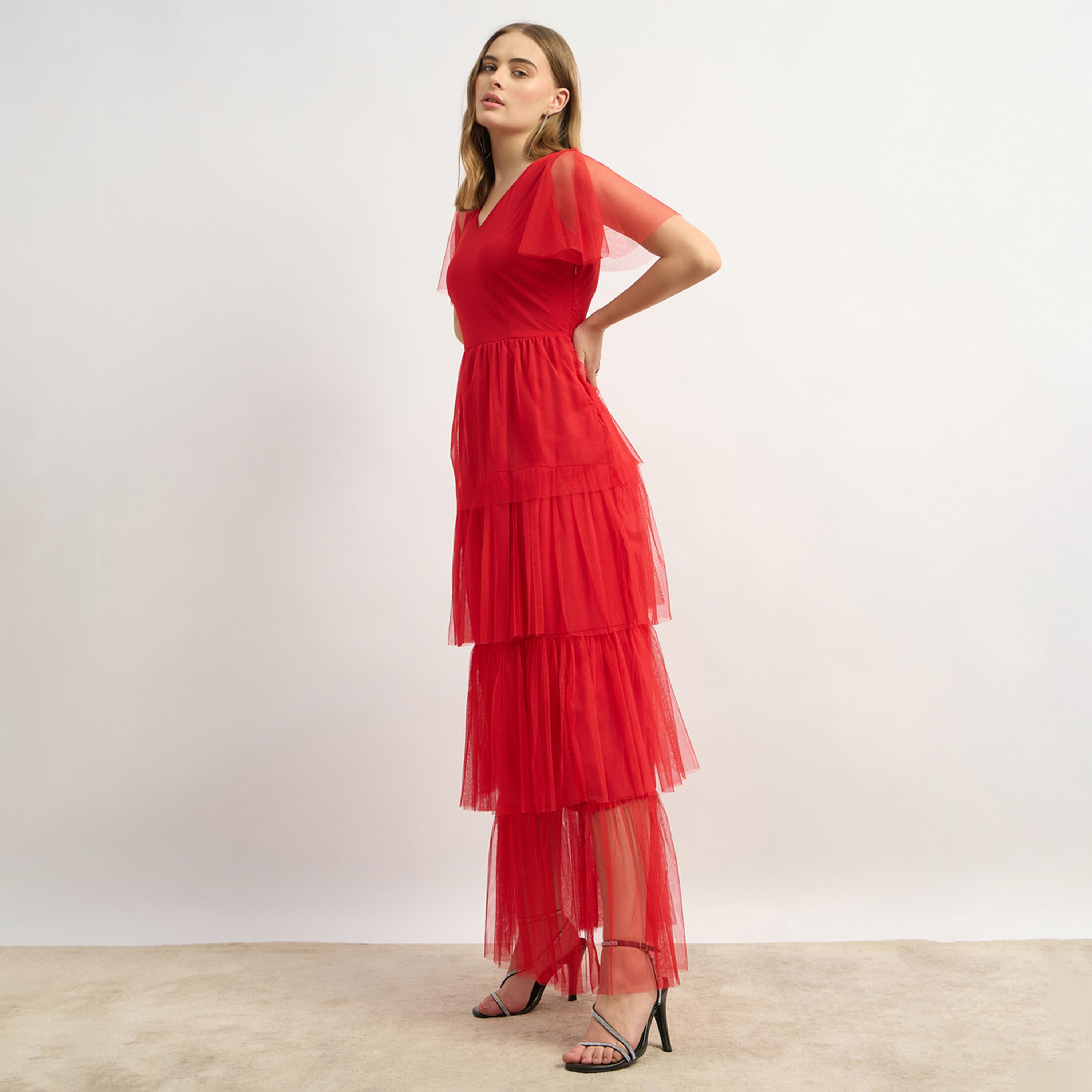 Styli Solid Layered Net Half Sleeves Tiered Maxi Dress-women-clothing-dresses-image-3