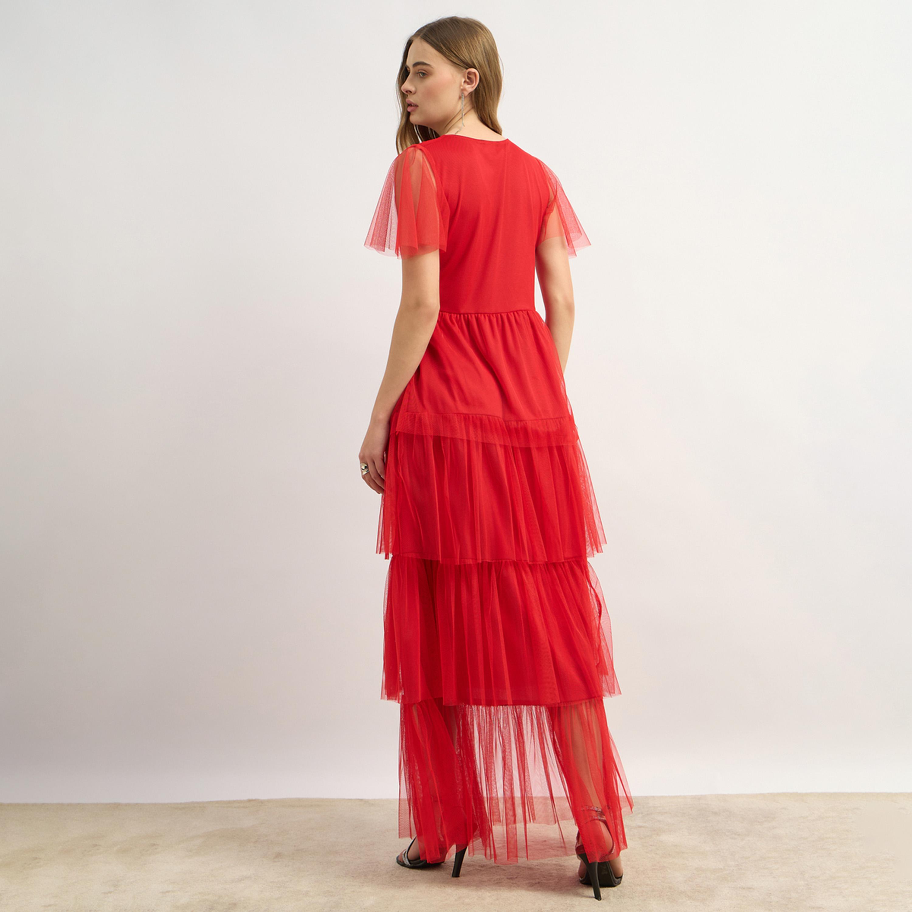 ستايلي - فستان ماكسي سادة متعدد الطبقات بأكمام نصفية-women-clothing-dresses-image-5
