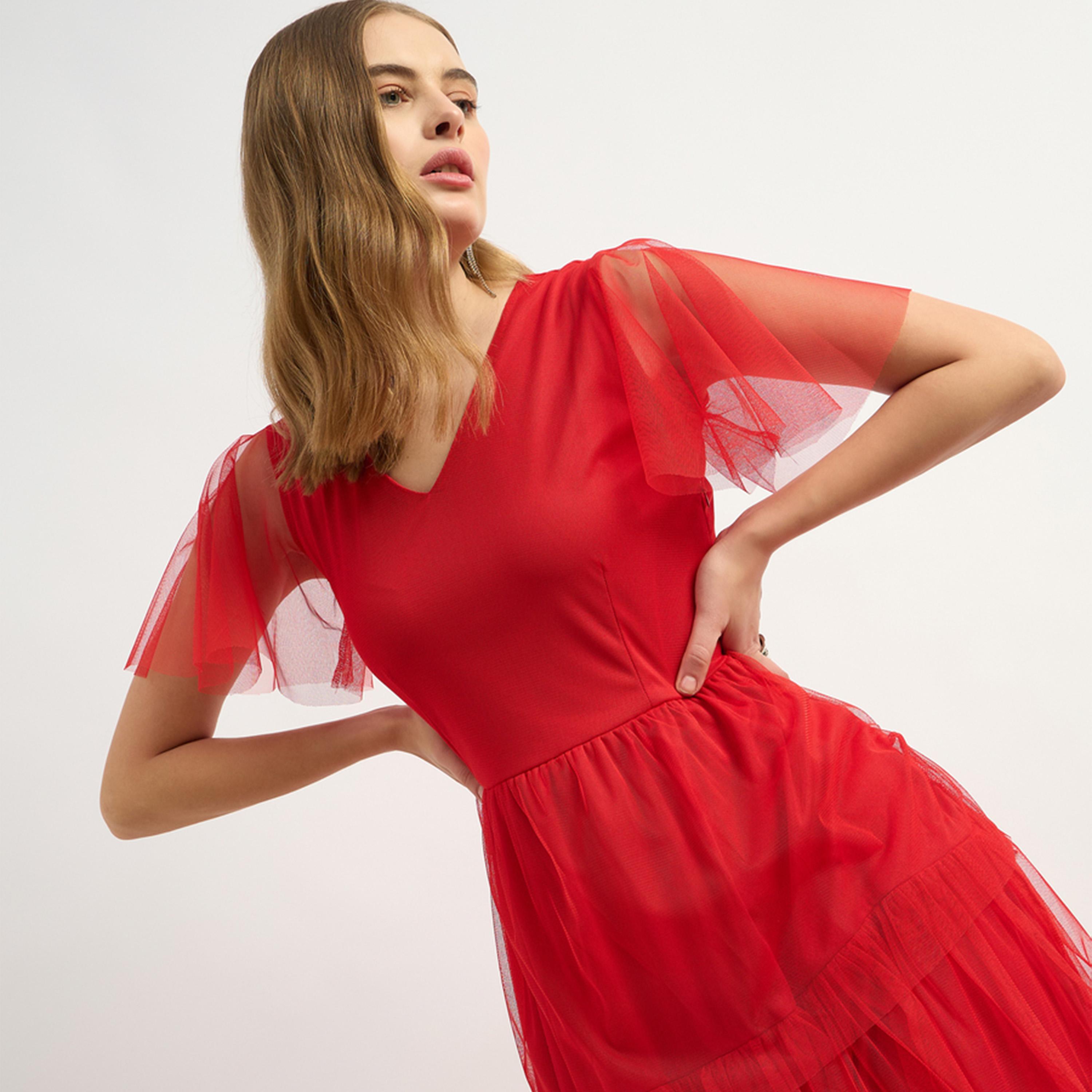 Styli Solid Layered Net Half Sleeves Tiered Maxi Dress-women-clothing-dresses-image-6