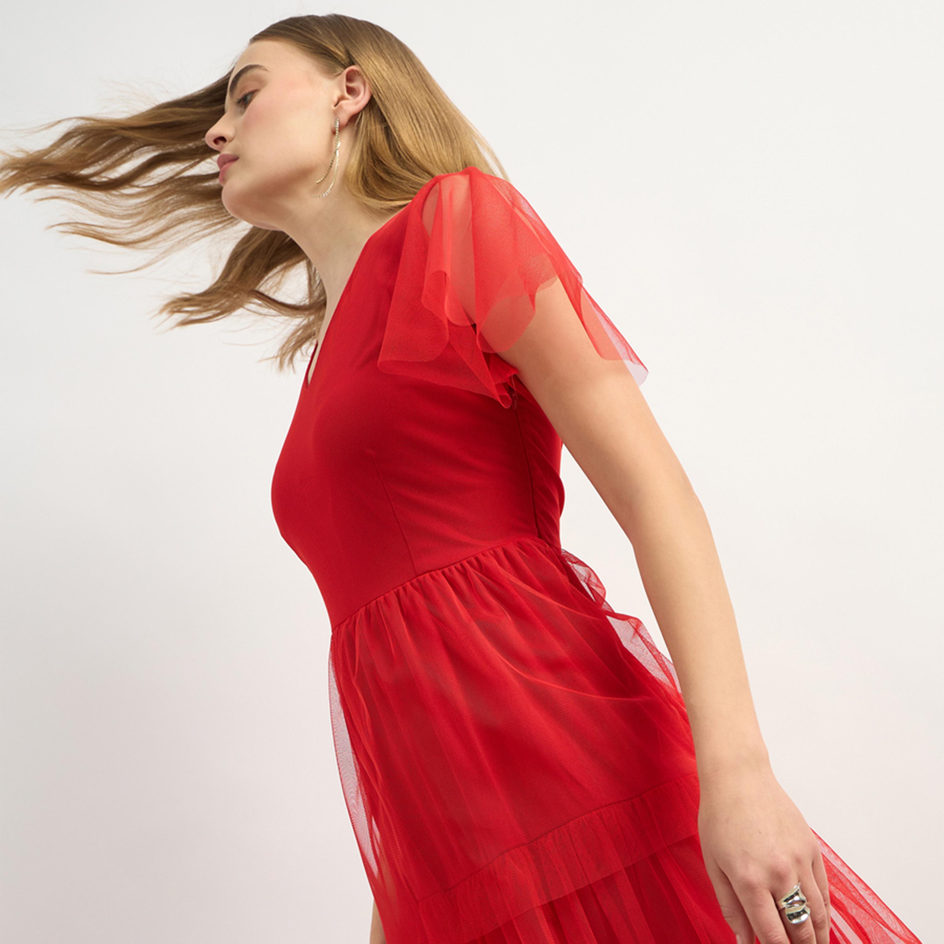 Styli Solid Layered Net Half Sleeves Tiered Maxi Dress-women-clothing-dresses-image-7