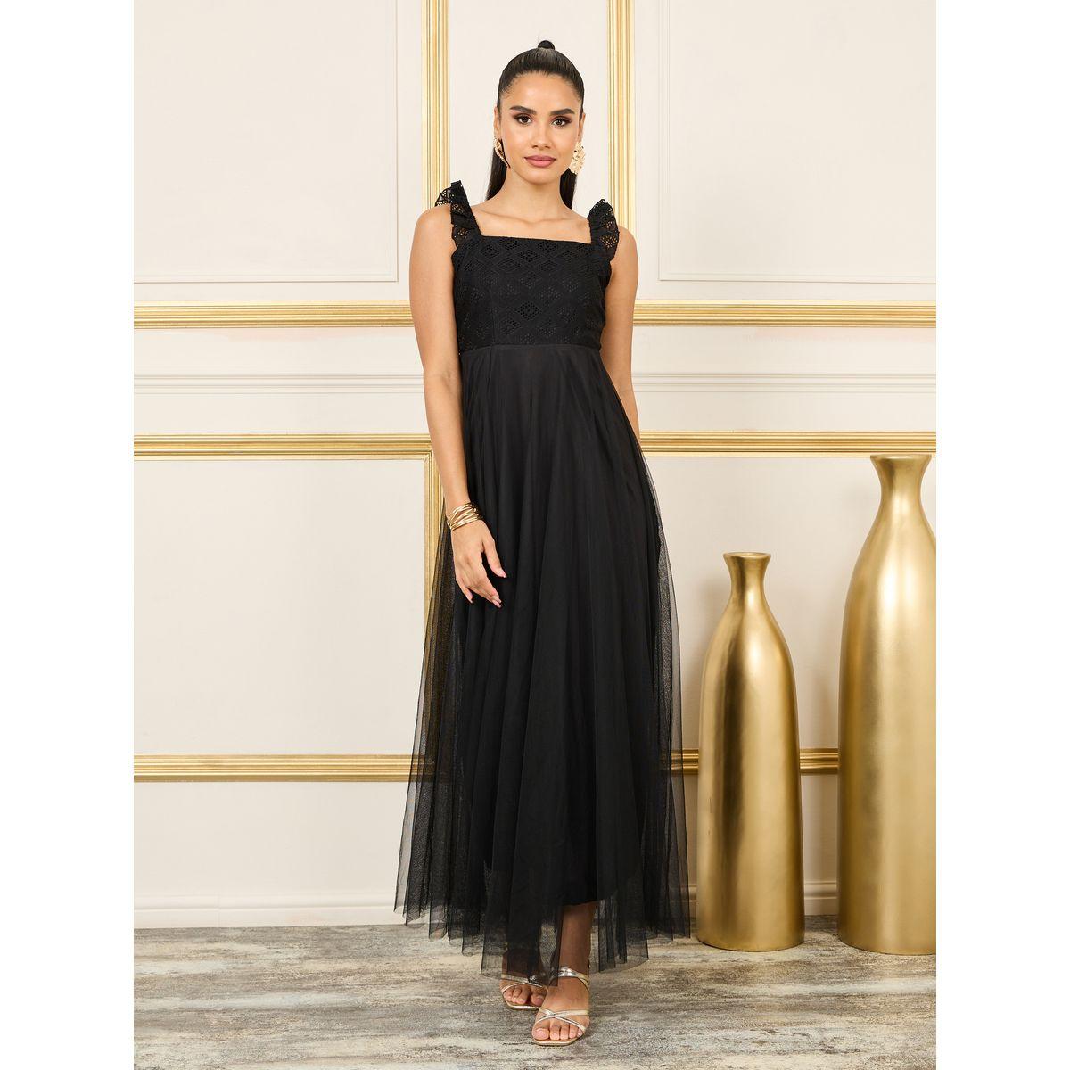 Styli Schiffli Ruffle Strappy Mesh A-Line Maxi Dress-women-clothing-dresses-image-1