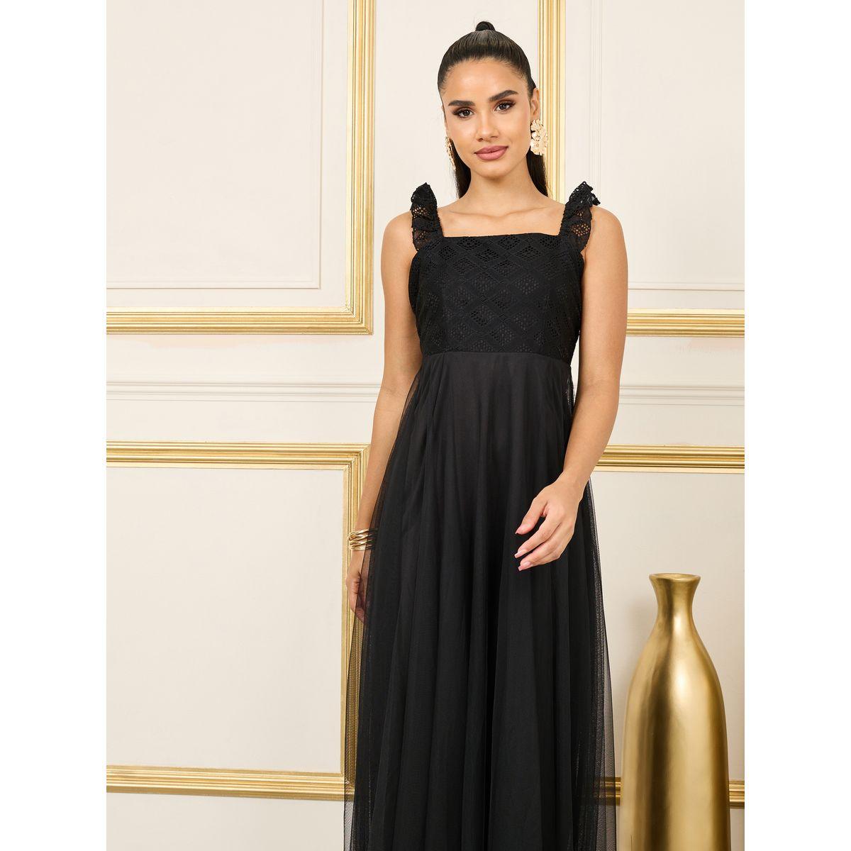 Styli Schiffli Ruffle Strappy Mesh A-Line Maxi Dress-women-clothing-dresses-image-2