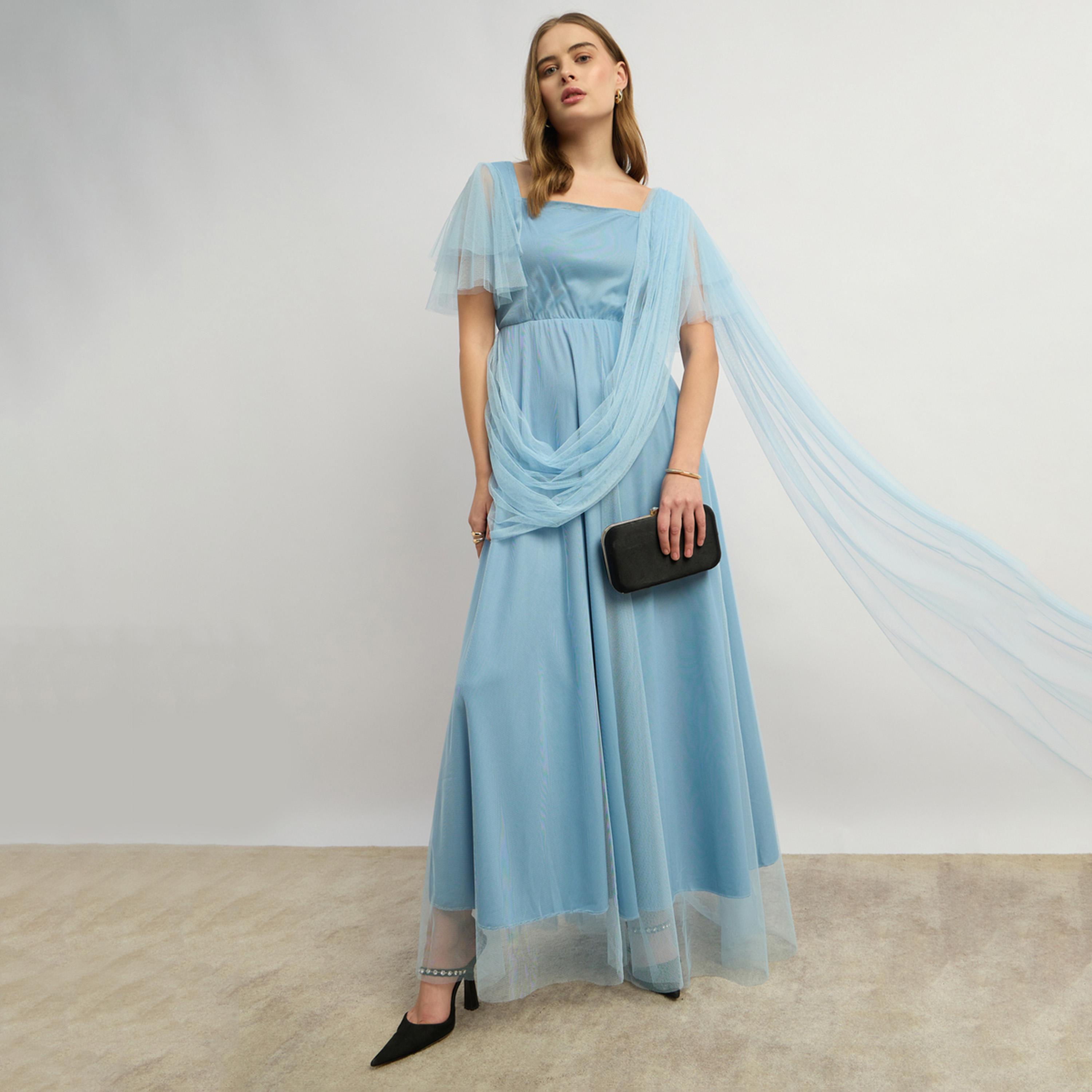 Styli Plain Solid Net Half Sleeves A-Line Maxi Dress-women-clothing-dresses-image-1