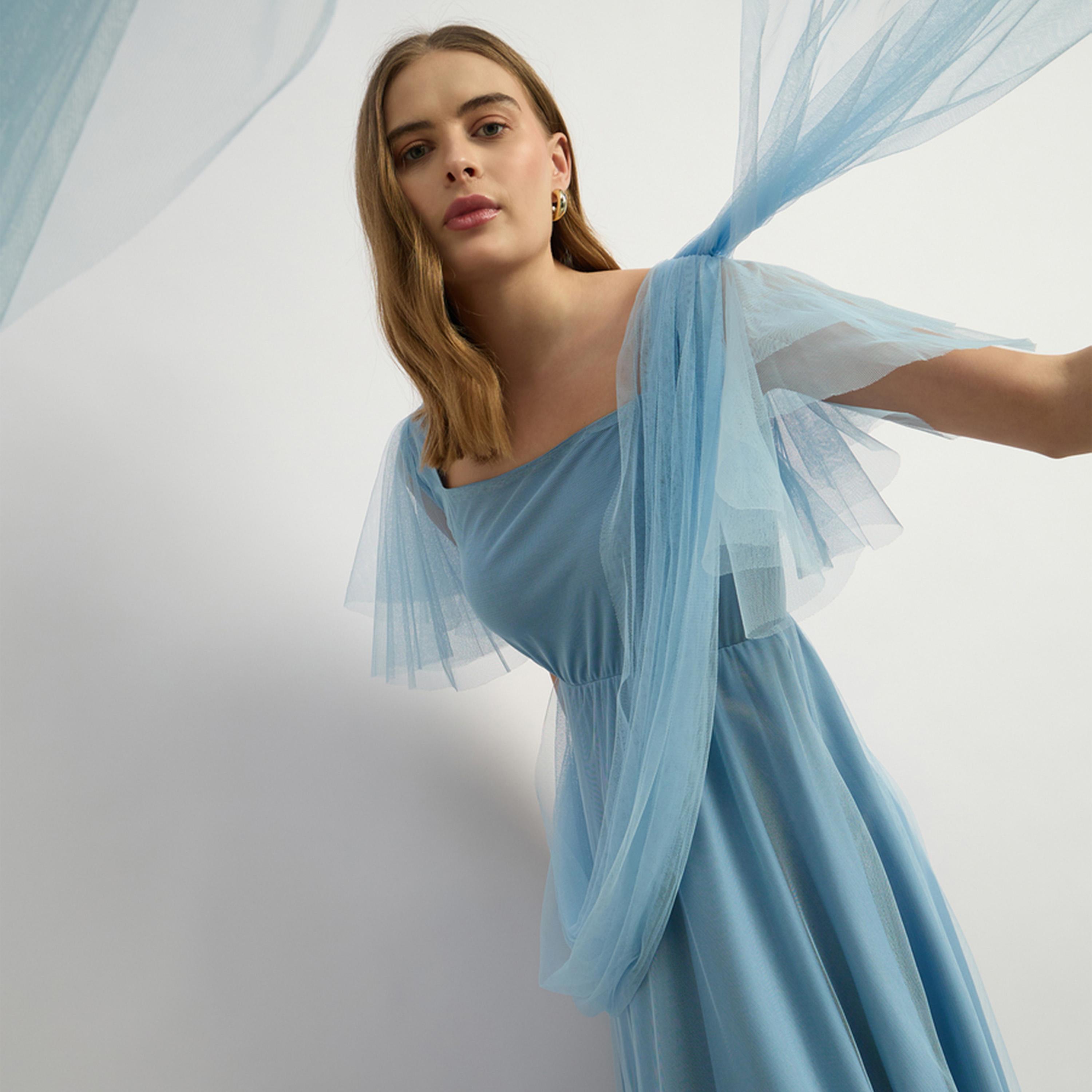 Styli Plain Solid Net Half Sleeves A-Line Maxi Dress-women-clothing-dresses-image-6