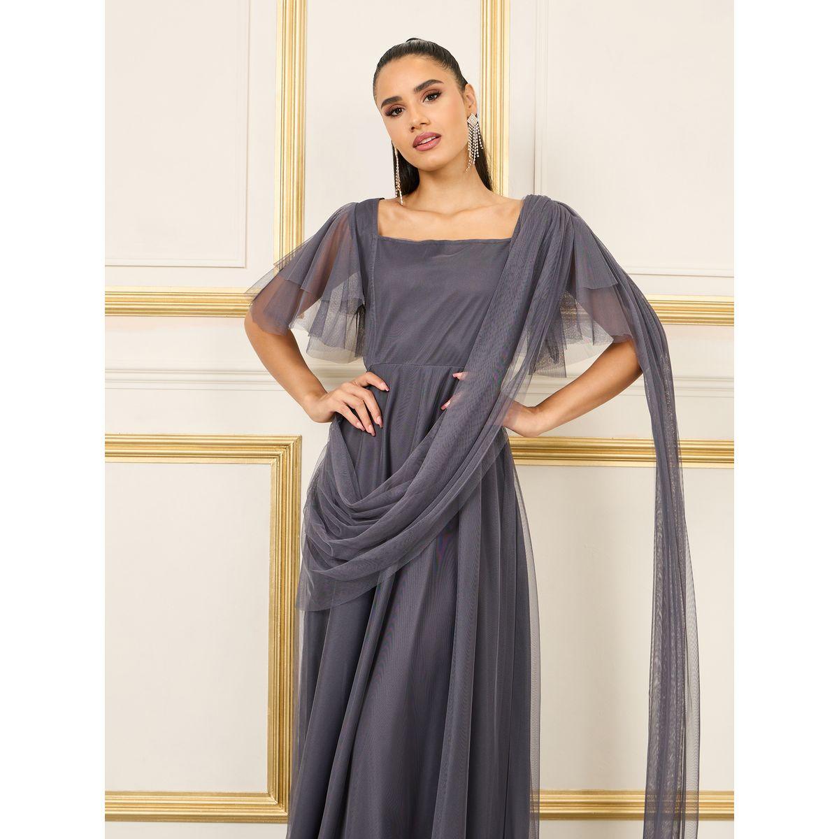 Styli Drape Mesh Insert Square Neck A-line Maxi Dress-women-clothing-dresses-image-2
