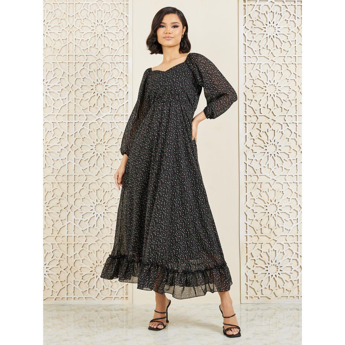 فستان طويل بكشكش وياقة على شكل قلب-women-clothing-dresses-image-1