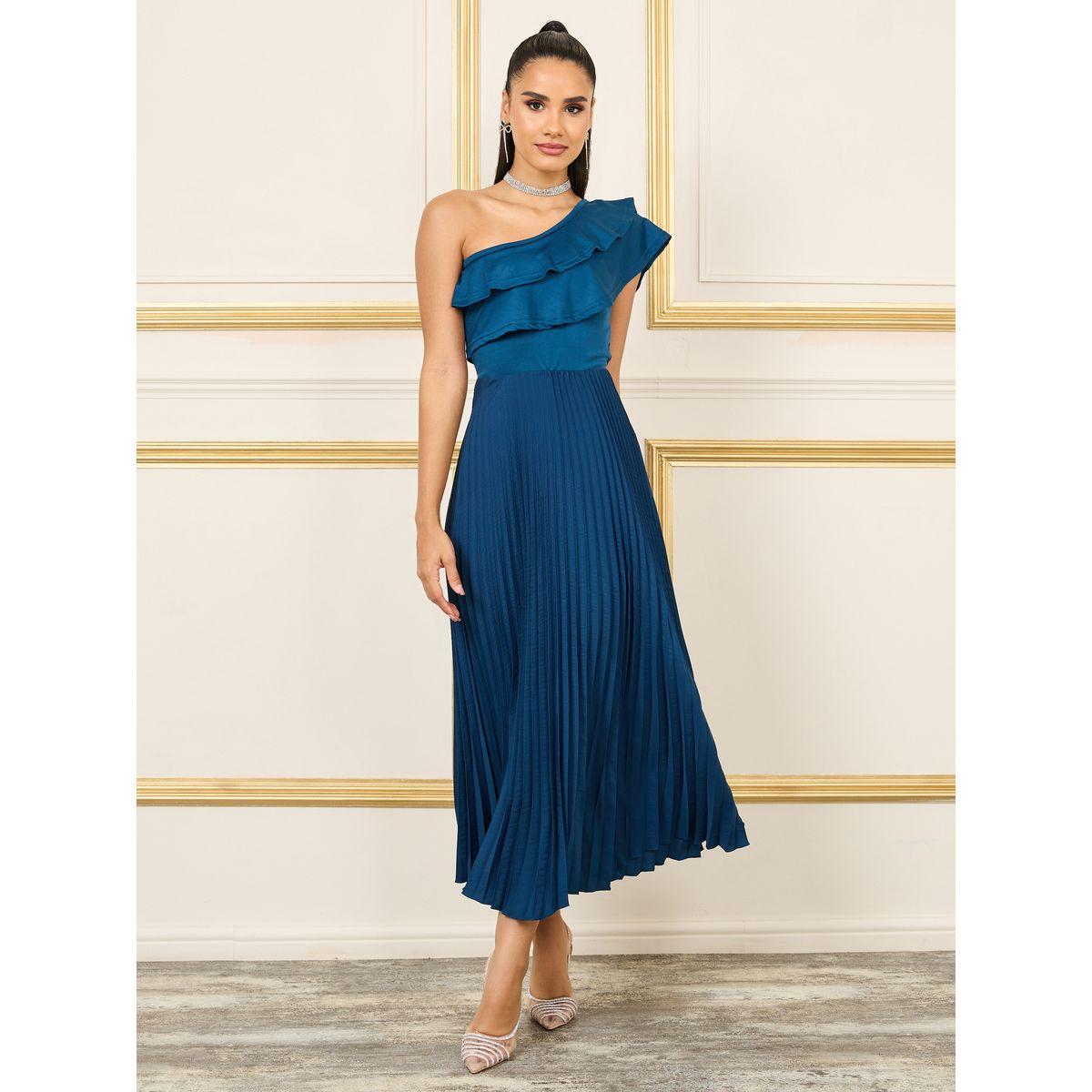فستان طويل بكسرات وكتف واحد-women-clothing-dresses-image-1