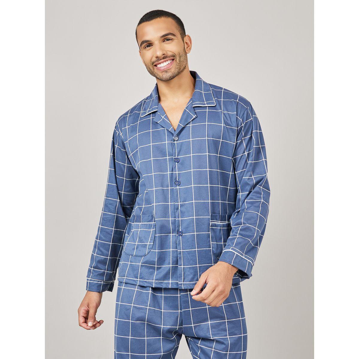 Styli Unwind Checkered Woven Pocket Shirt and Pyjama Set-men-clothing-nightwear-sets-image-2