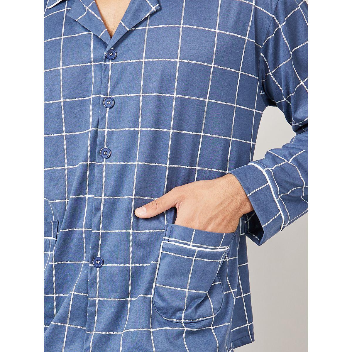 Styli Unwind Checkered Woven Pocket Shirt and Pyjama Set-men-clothing-nightwear-sets-image-3