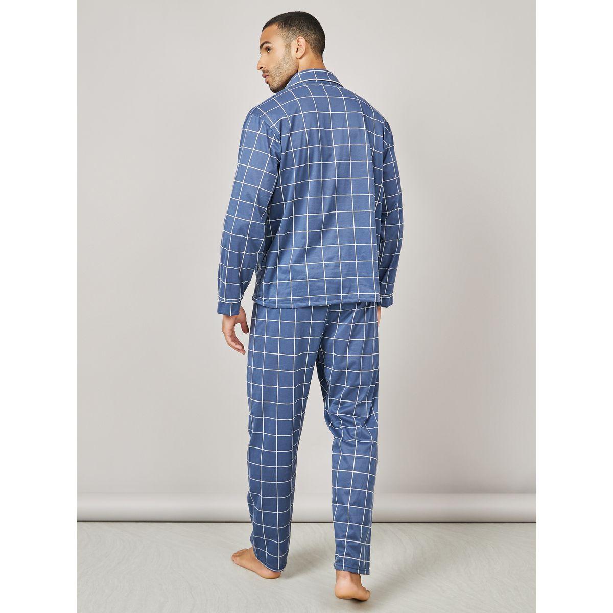 Styli Unwind Checkered Woven Pocket Shirt and Pyjama Set-men-clothing-nightwear-sets-image-5